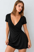 Women's Short Sleeve Deep Wrap Neck Short Viscose Dress