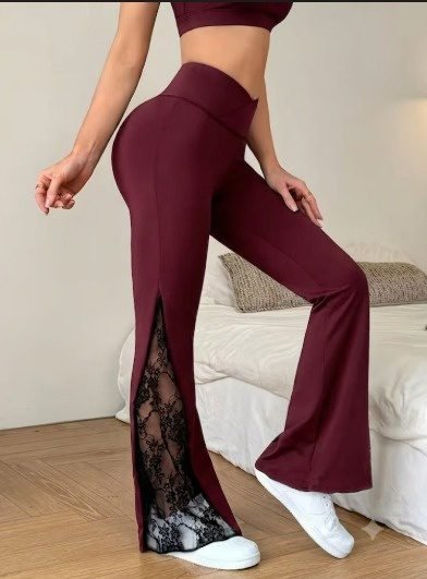 Kadın Yüksek Bel Yandan Dantel Detaylı Paçaya Doğru Geniş Dalgıç Tayt Pantolon