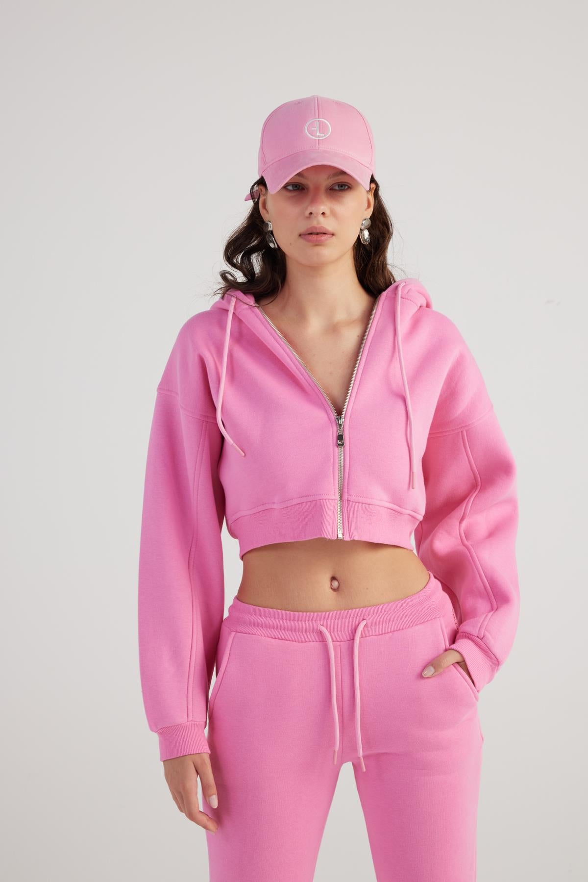 Kadın Pembe Kapüşonlu Uzun Kol Fermuarlı Crop Mixed Sweat