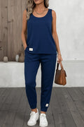 Women's Strappy Round Neck Viscose Two-Thread Blouse and Sweatpants Two-Piece Set