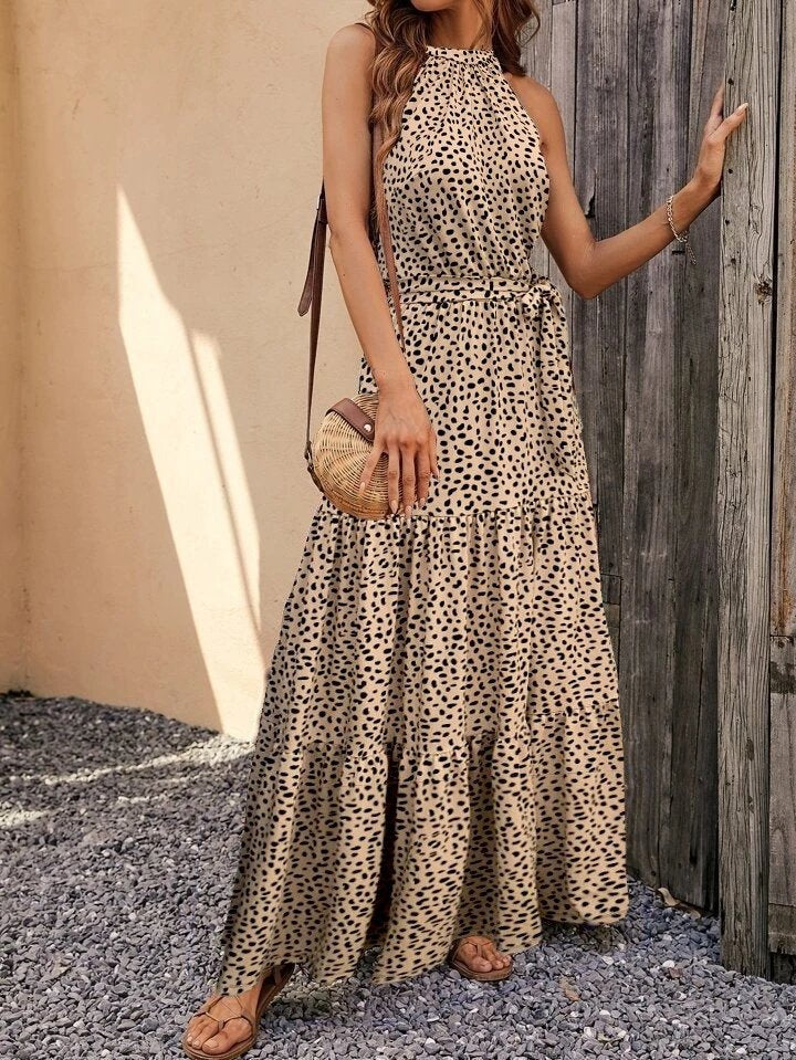Kadın Kolsuz Halter Yaka Beli Lastikli  Leopar Desenli Mikro Elbise, 35524