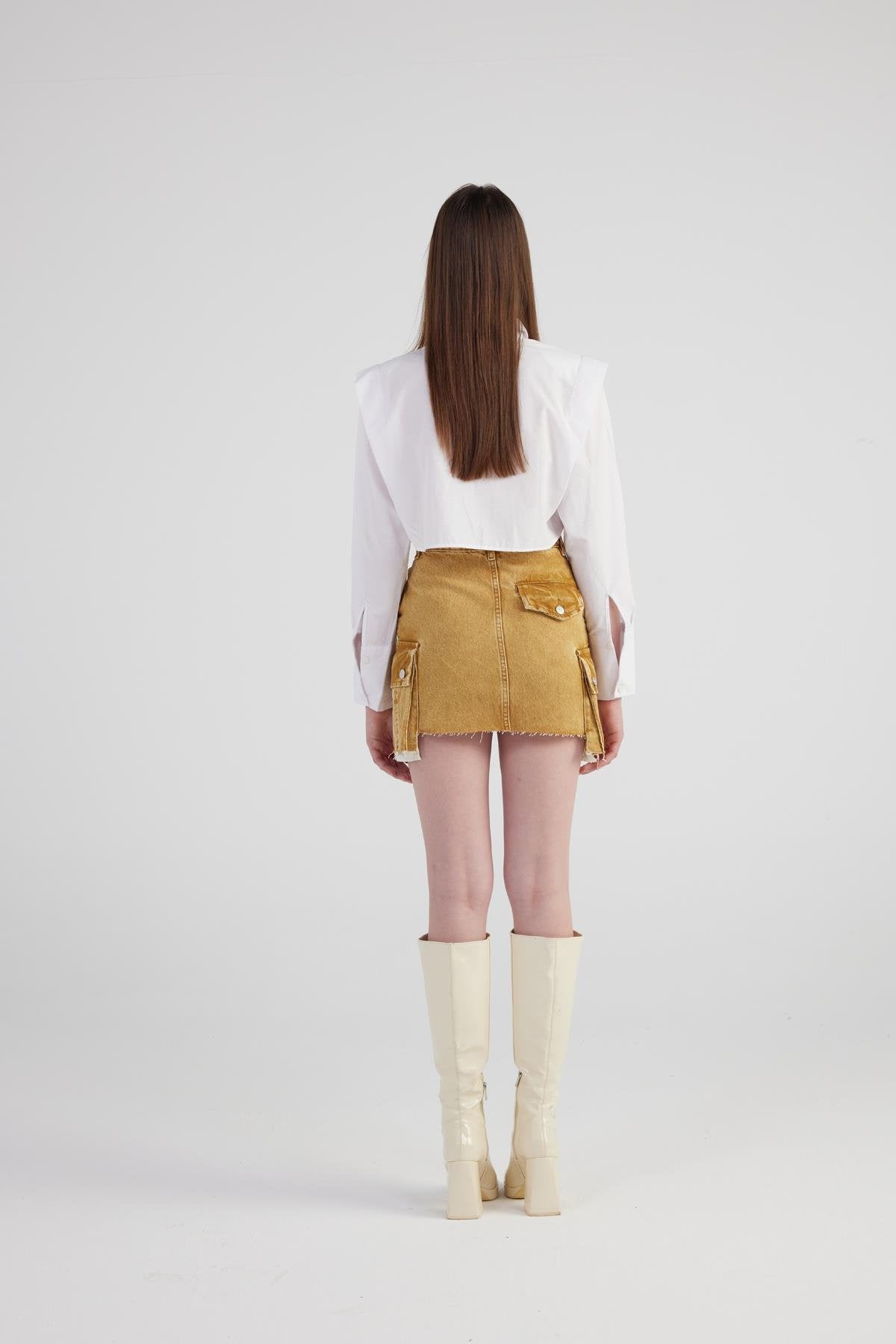 Mermer Desenli Kargo Cep Detaylı Mini Rusted Jean Etek Camel