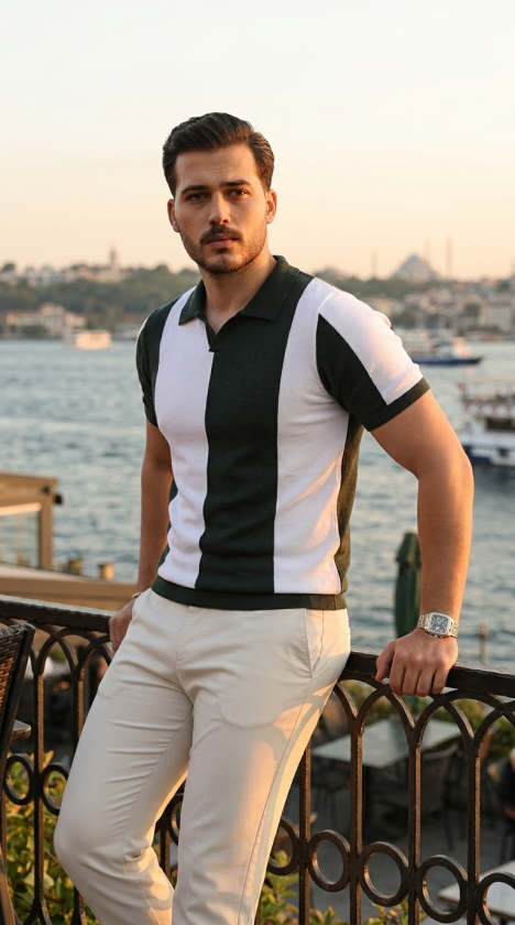 Erkek Kısa Kollu Polo Yakalı Blok Desenli Triko Bluz