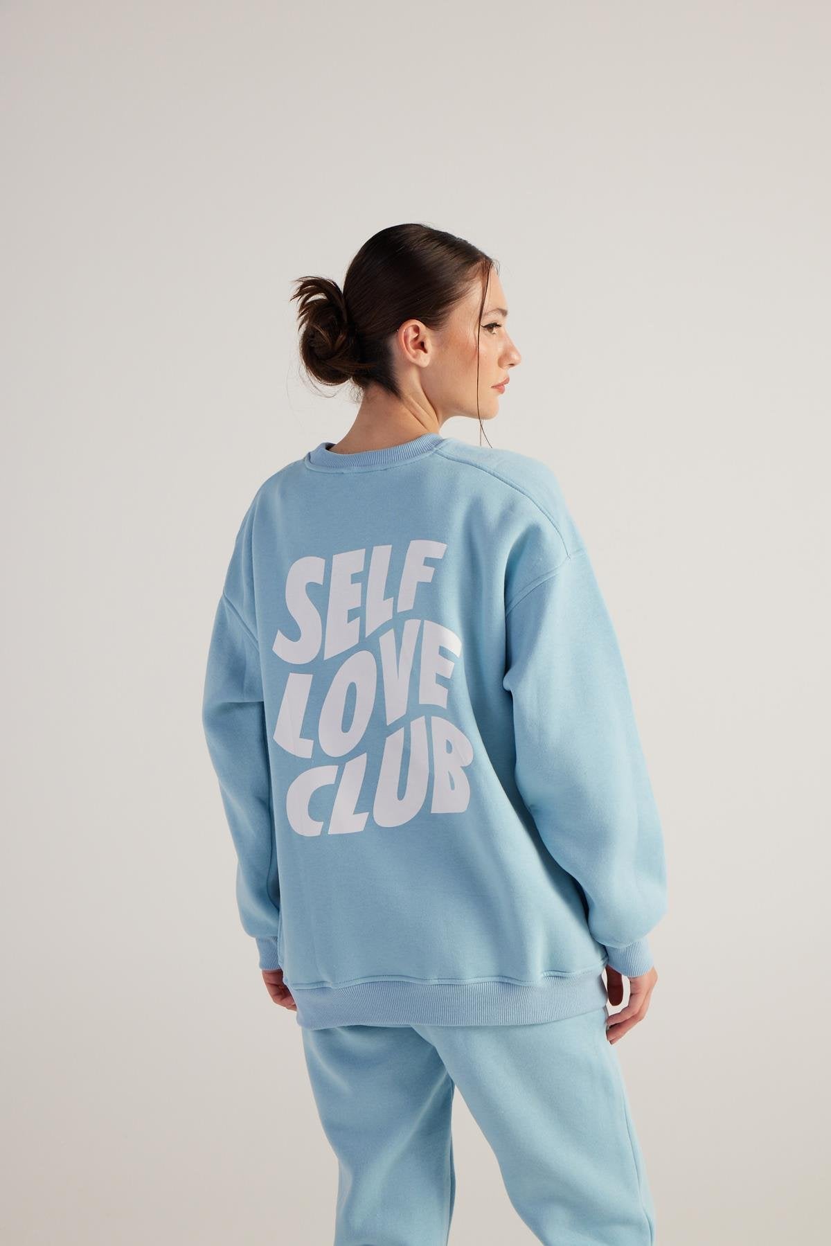 Kadın Mavi Oversize Şardonlu Yazı Baskılı Fluffy Sweatshirt