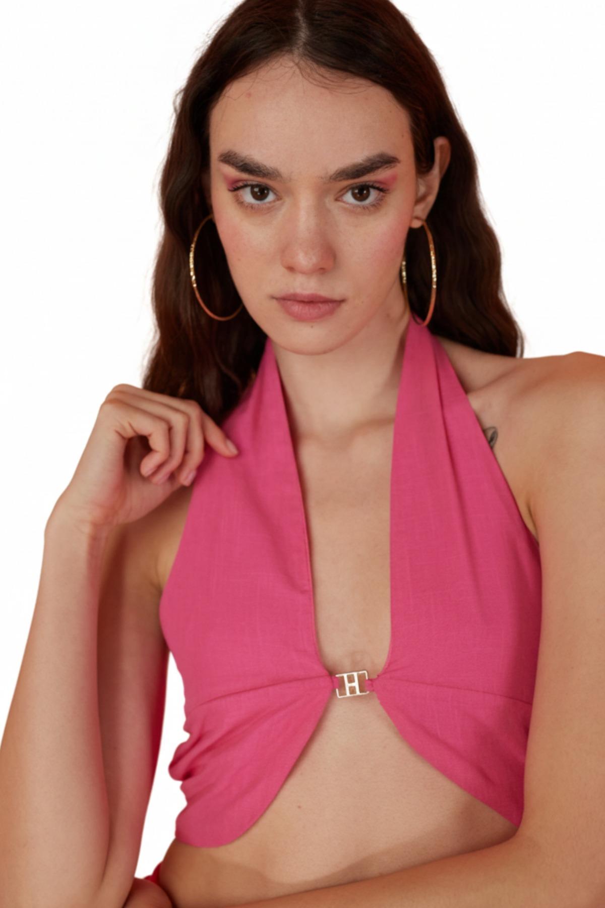 Koton Kumaş H Aksesuarlı Rise Bluz Pembe