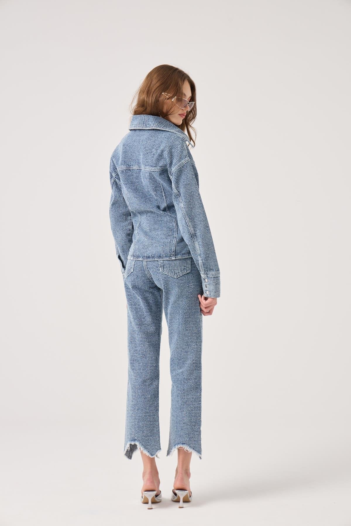 Özel Kumaş Efektli Belden Oturmalı Laura Jean Ceket Mavi