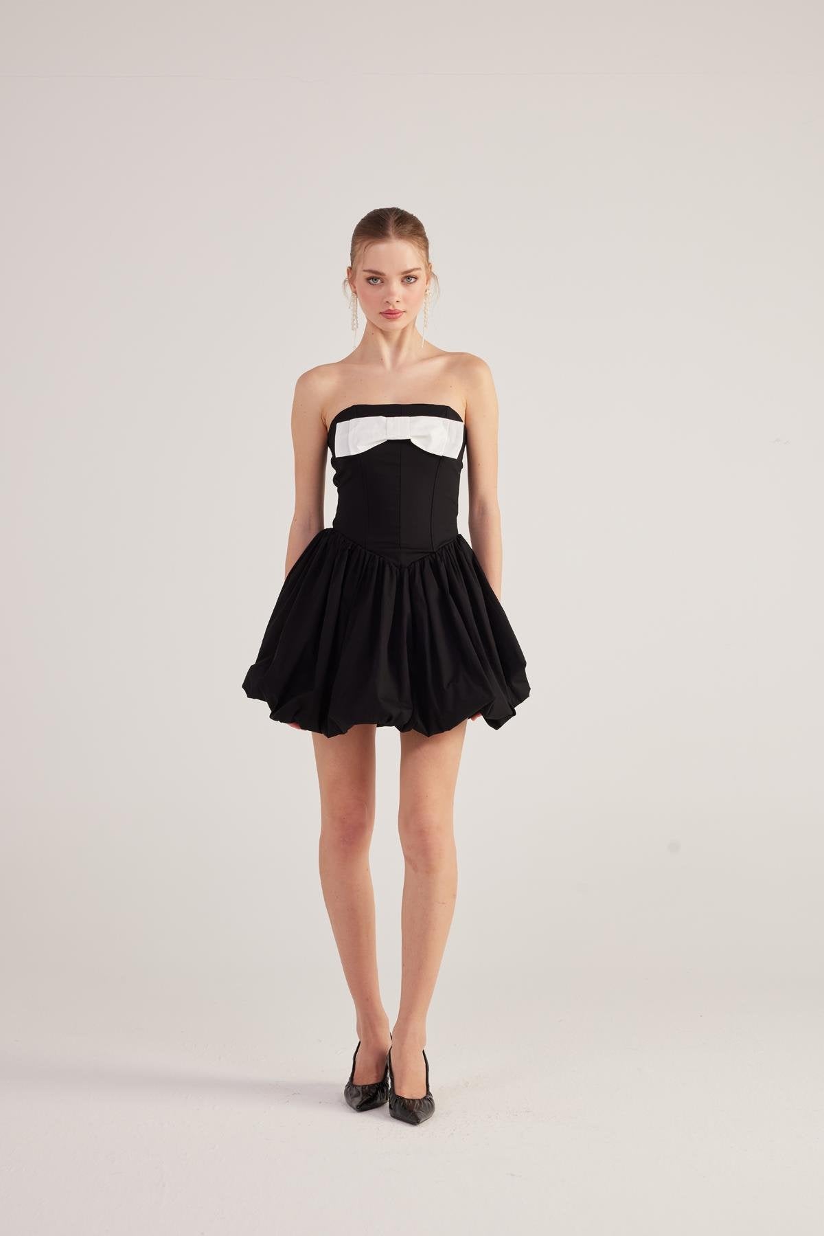 Balon Etekli Kurdelalı Mini Martha Elbise Siyah