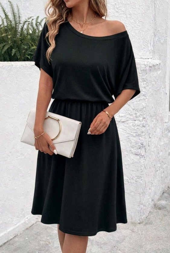 Women's Short Sleeve Off-Shoulder Flared Midi Viscose Dress