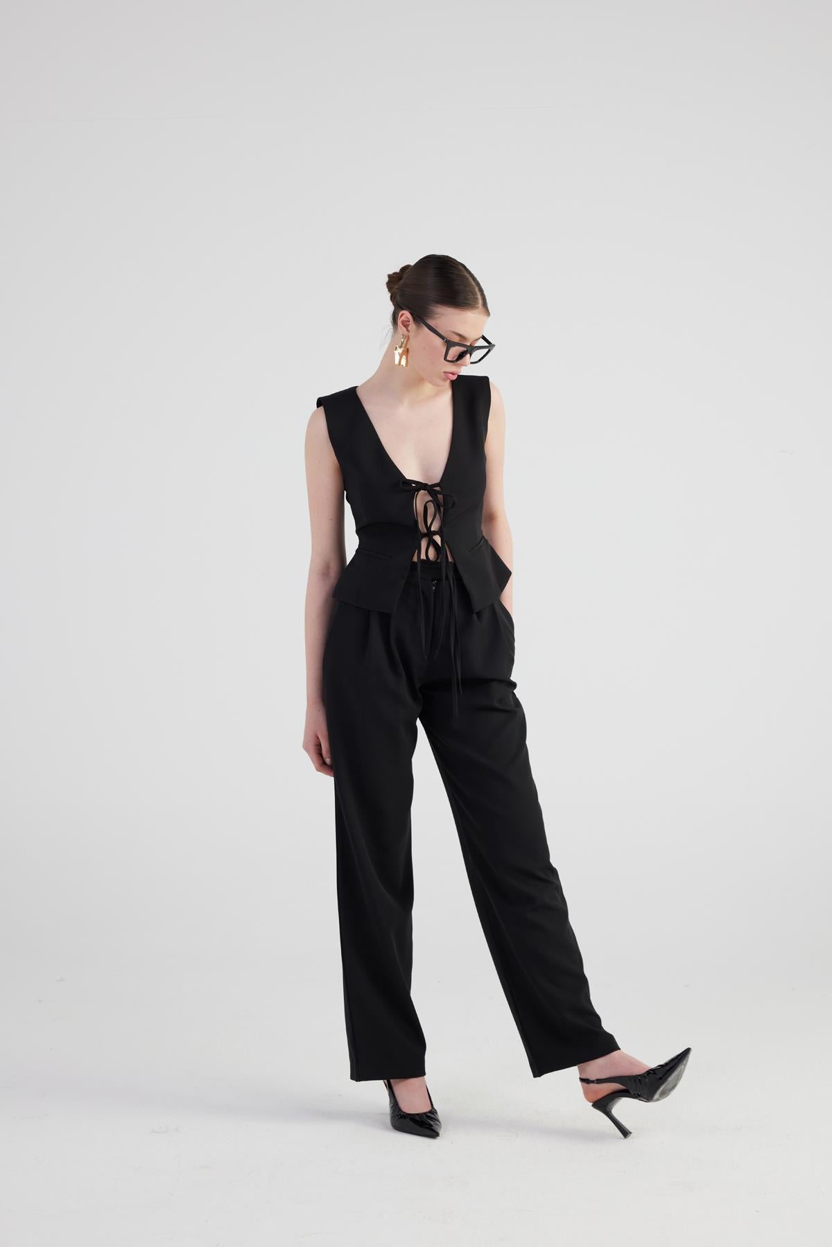 Geniş Paça Pilili Yüksek Bel Palazzo Giselle Pantolon Siyah