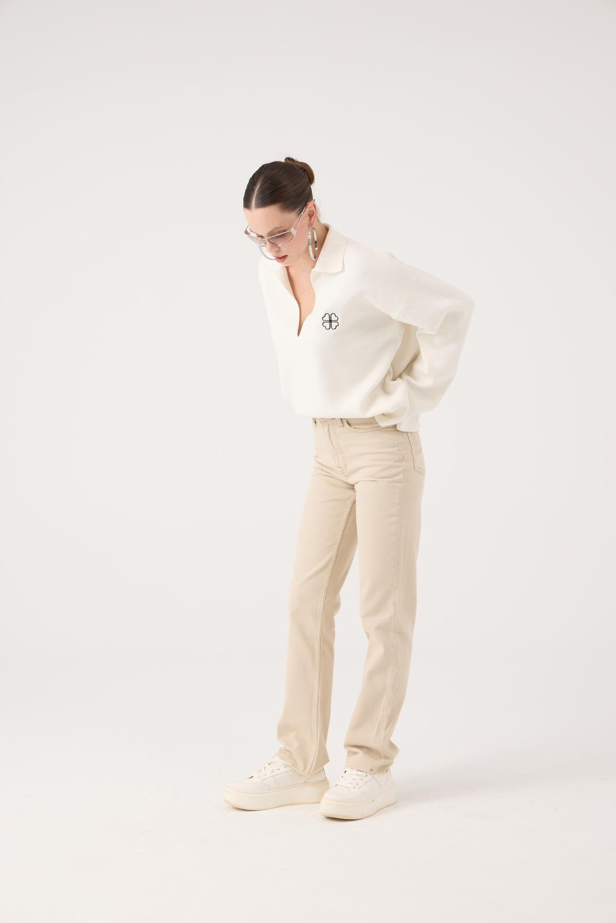 Yüksek Bel Straight Kesim Sagrado Jean Pantolon Bej