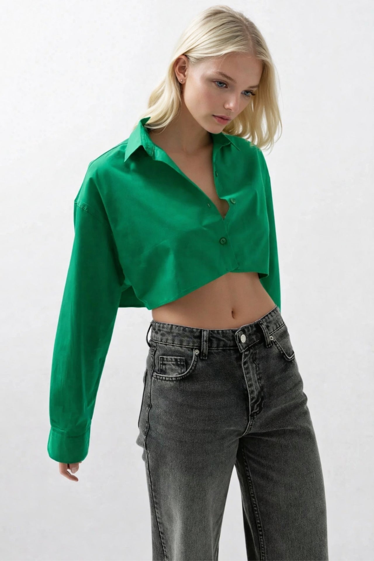 Crop Yeşil Oversize Gömlek
