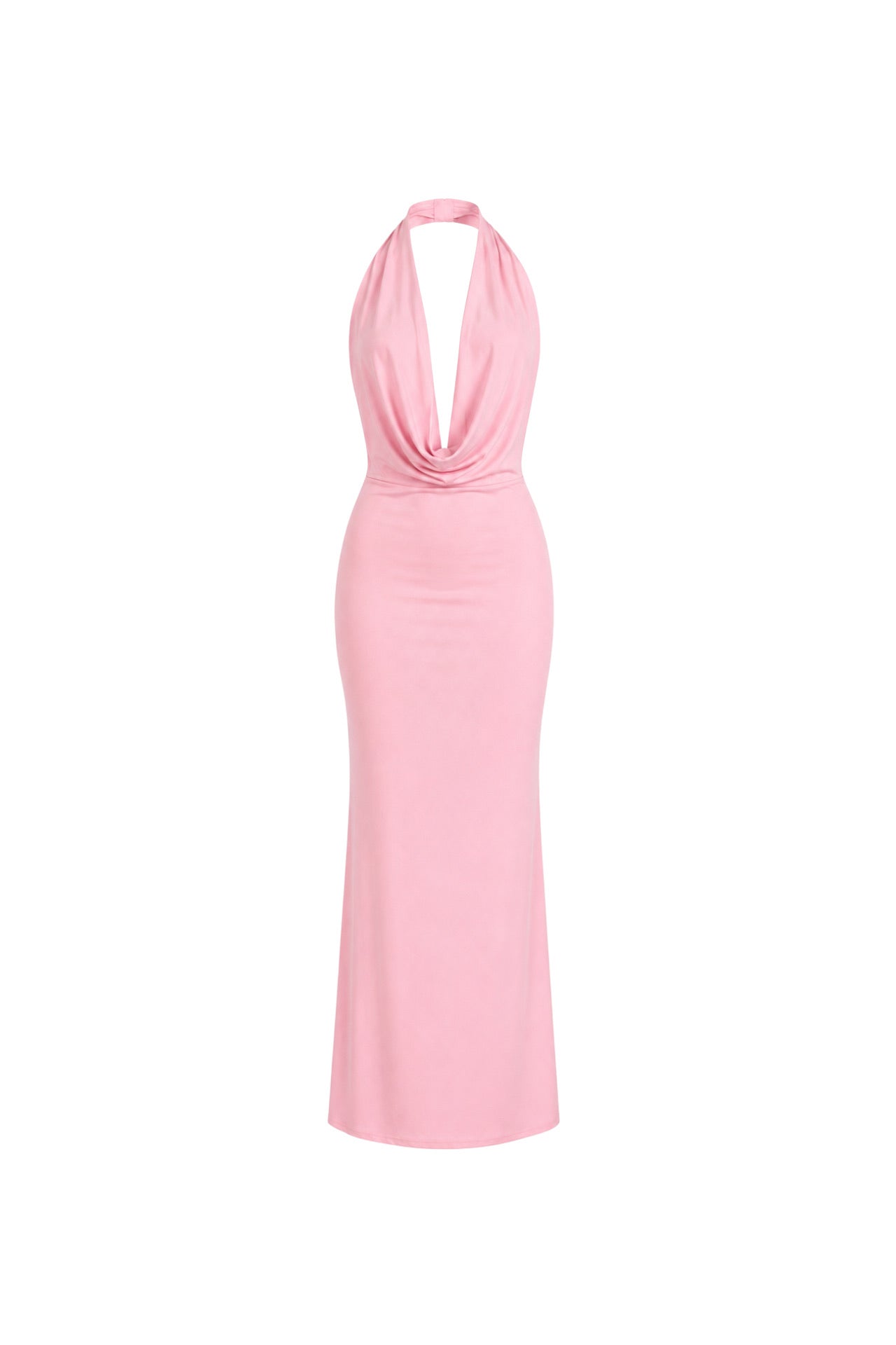 Şal Yaka Dekolte Maxi Pembe Elbise