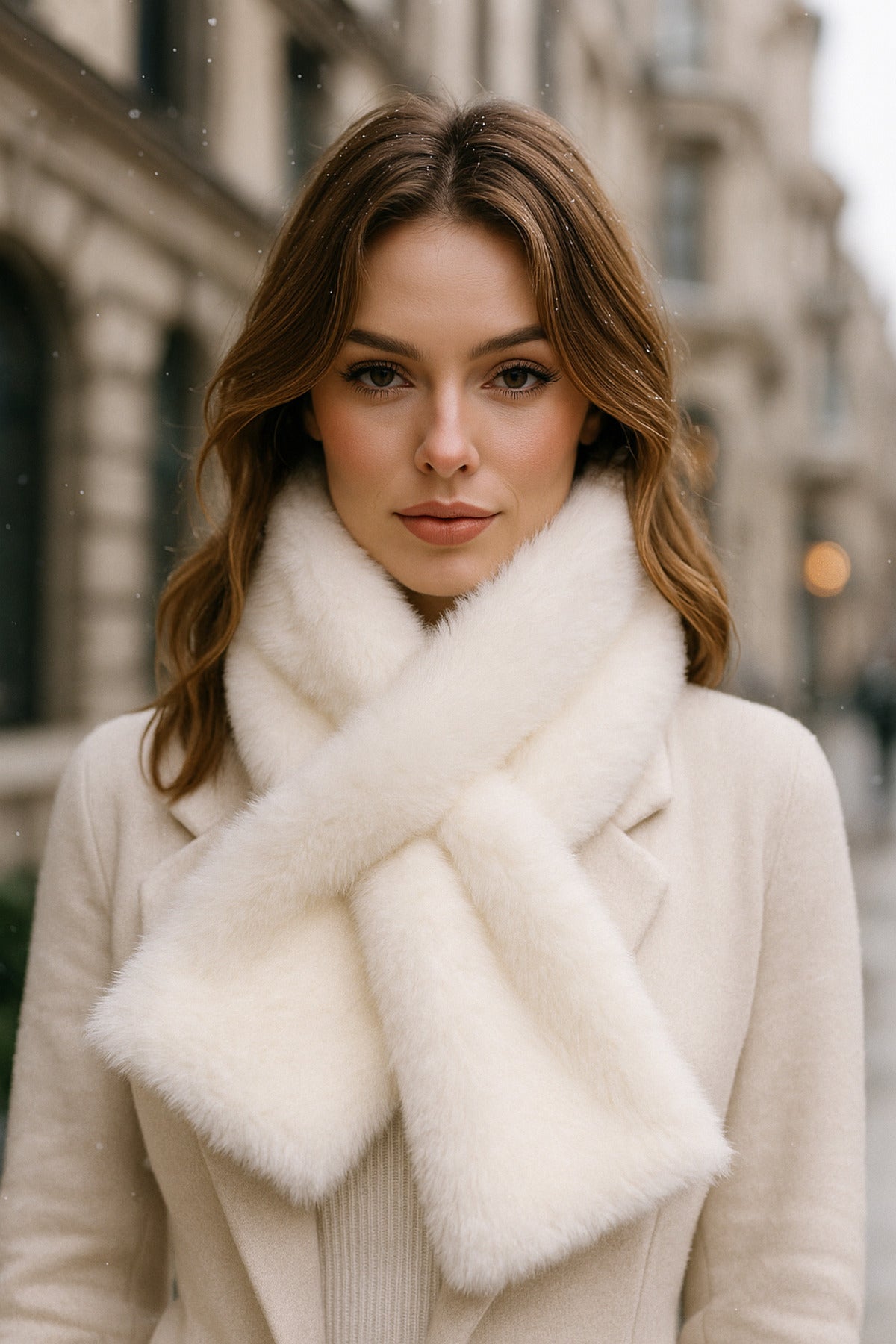 İthal Yumuşak Beyaz Peluş Kadın Premium Atkı Boyunluk - Şık Ve Sıcak Tutacak Örgü Tasarım Byn01-1