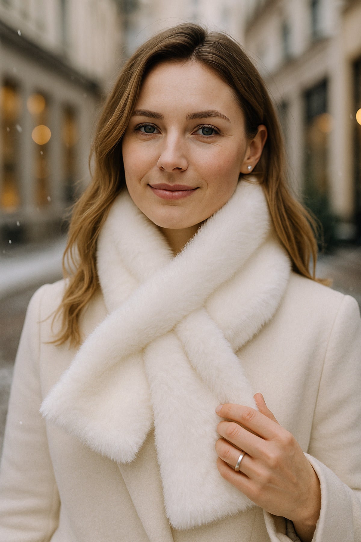 İthal Yumuşak Beyaz Peluş Kadın Premium Atkı Boyunluk - Şık Ve Sıcak Tutacak Örgü Tasarım Byn01-1