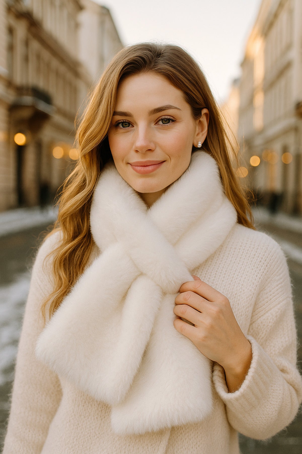 İthal Yumuşak Beyaz Peluş Kadın Premium Atkı Boyunluk - Şık Ve Sıcak Tutacak Örgü Tasarım Byn01-1