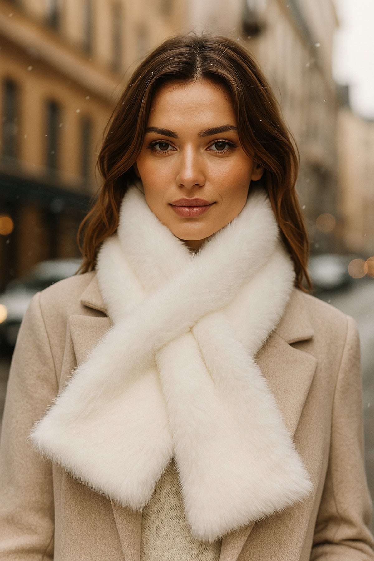 İthal Yumuşak Beyaz Peluş Kadın Premium Atkı Boyunluk - Şık Ve Sıcak Tutacak Örgü Tasarım Byn01-1