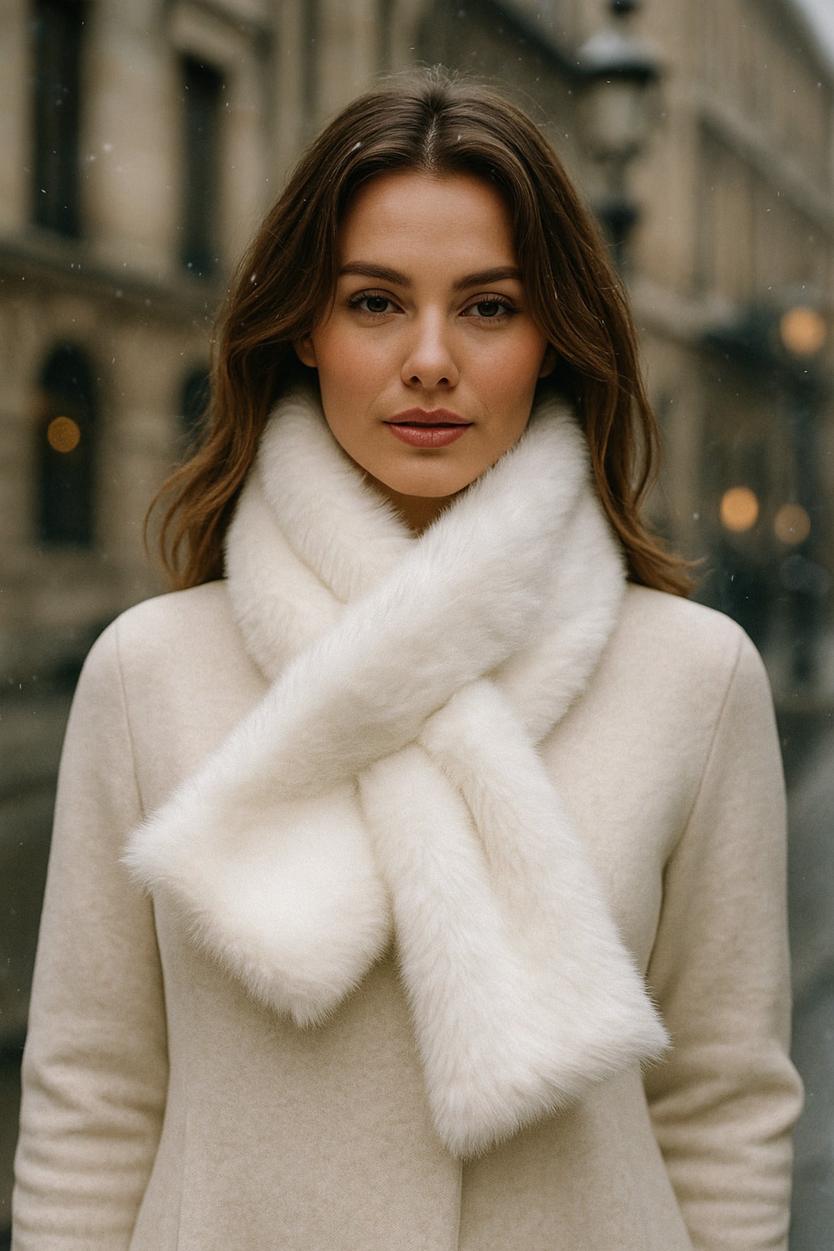 İthal Yumuşak Beyaz Peluş Kadın Premium Atkı Boyunluk - Şık Ve Sıcak Tutacak Örgü Tasarım Byn01-1