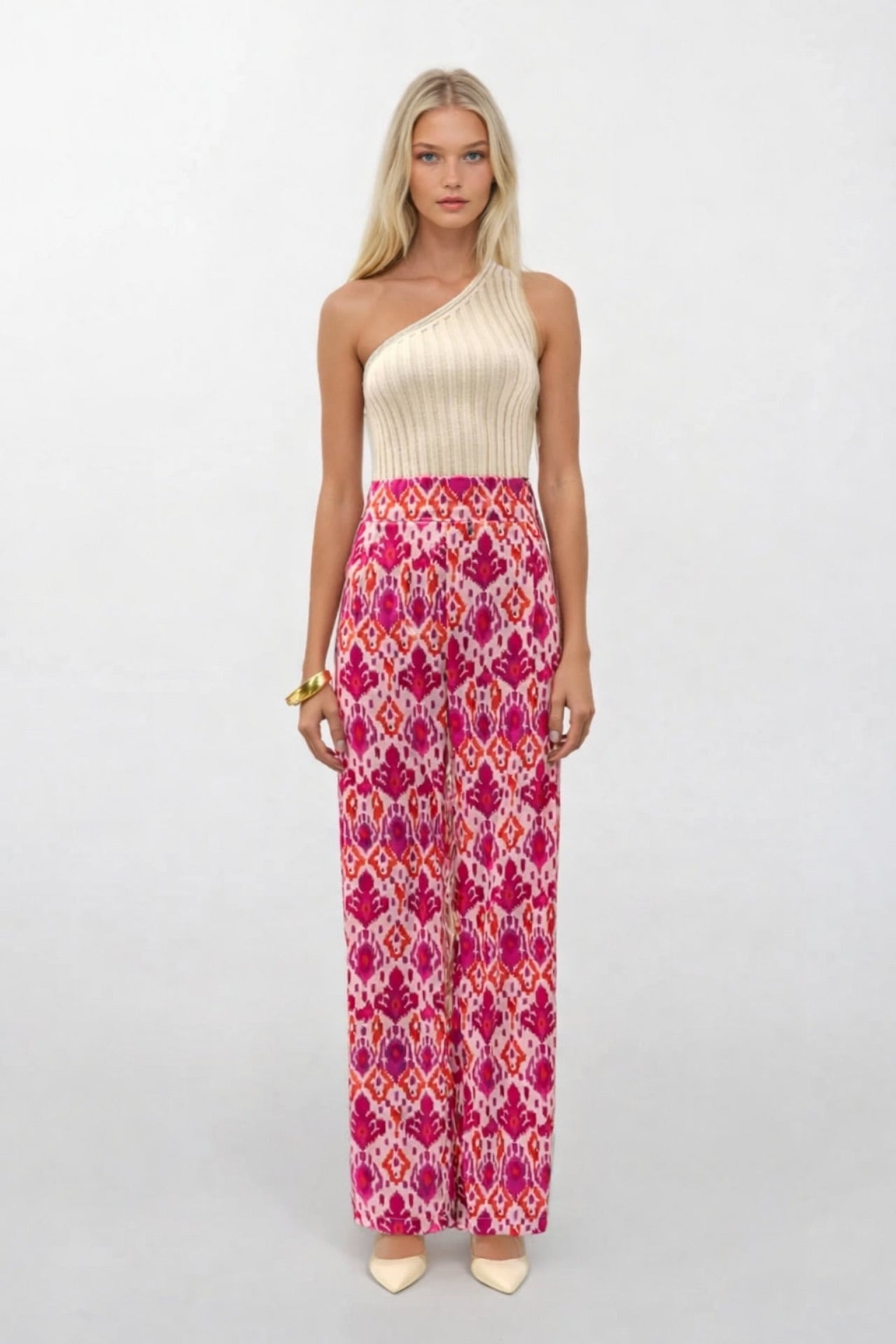Desenli Saten Pembe Pantolon
