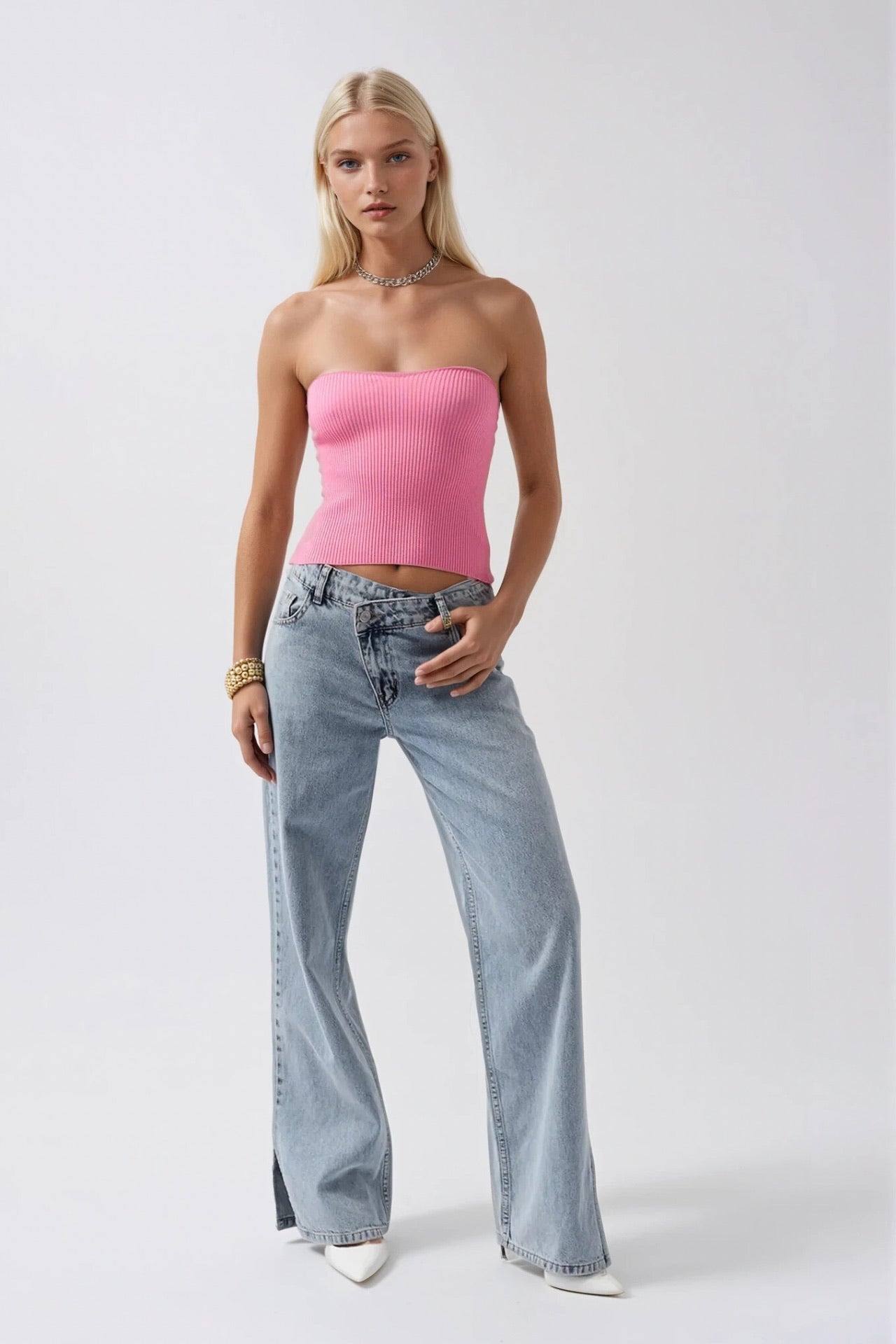 Straplez Dokulu Pembe Crop