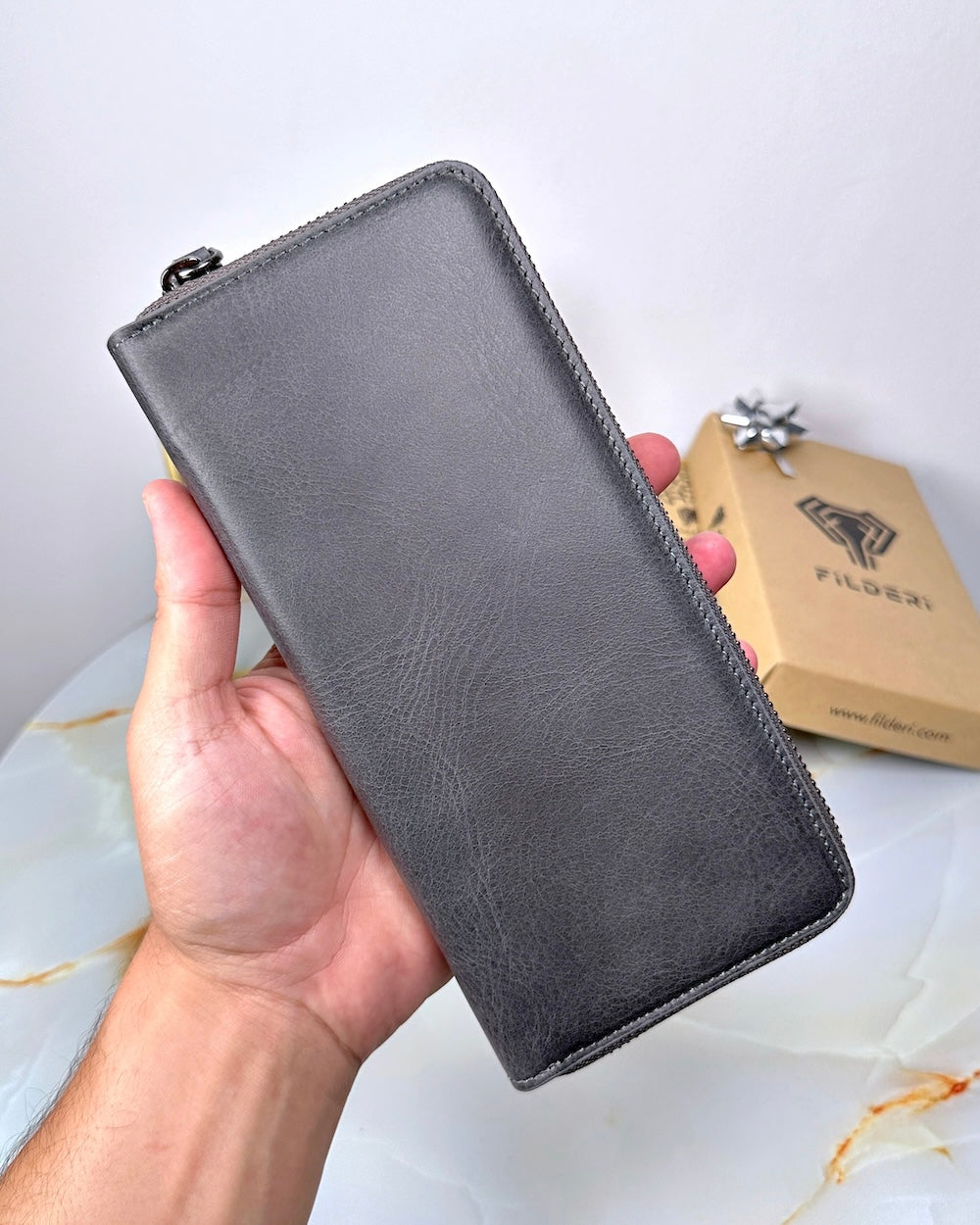 Fermuarlı Cüzdan – Hakiki Deri, Telefon Bölmeli Gri | 2055