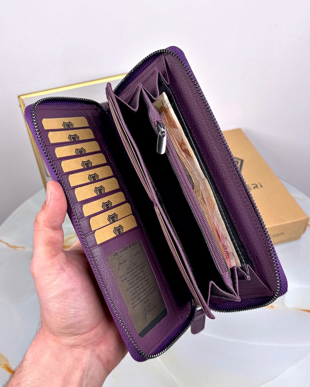 Fermuarlı Kadın Cüzdan – Hakiki Deri, Telefon Bölmeli Mor Guti | 2055