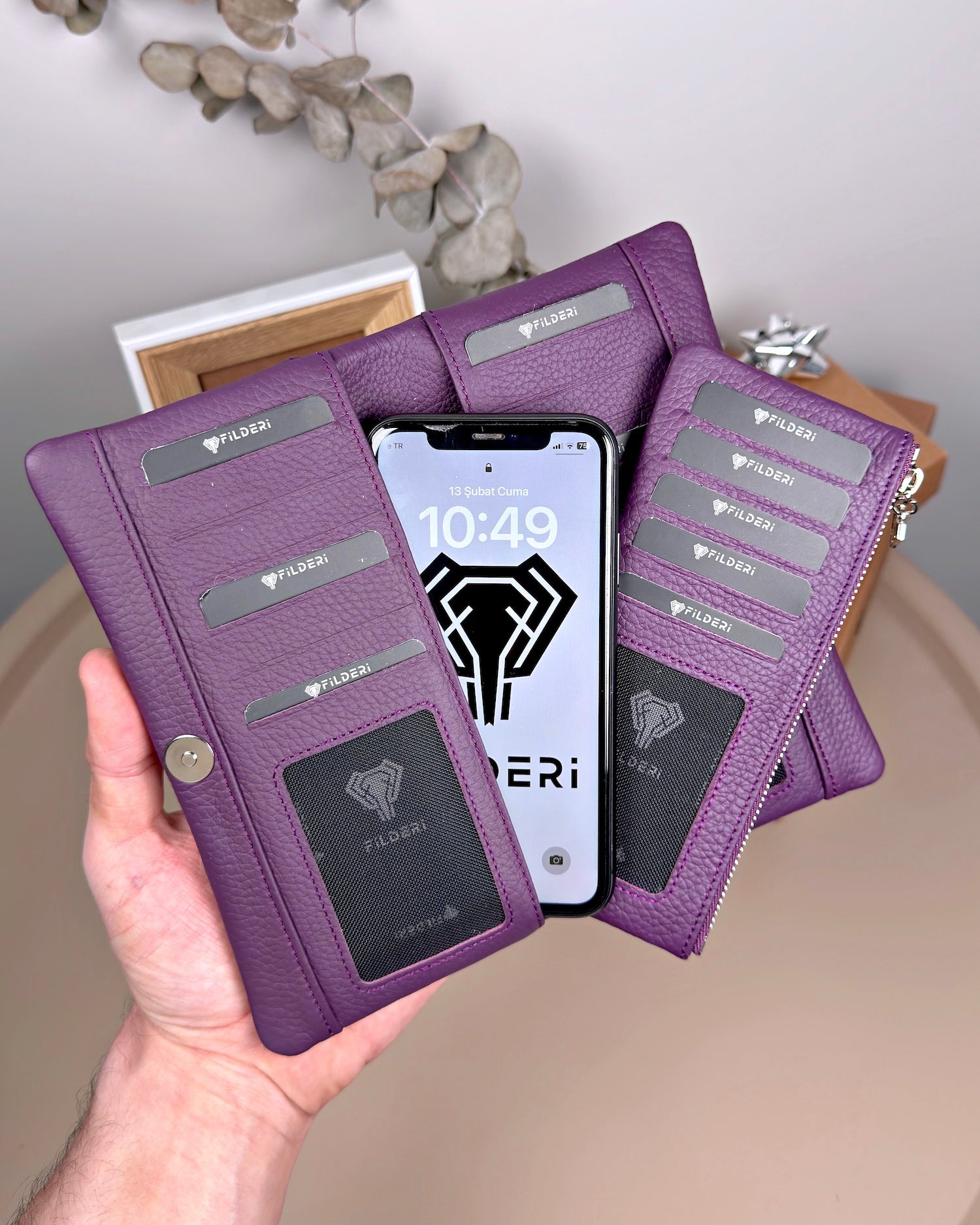 Telefon Bölmeli Cüzdan – Hakiki Deri, Kartlıklı, Mor | 2134