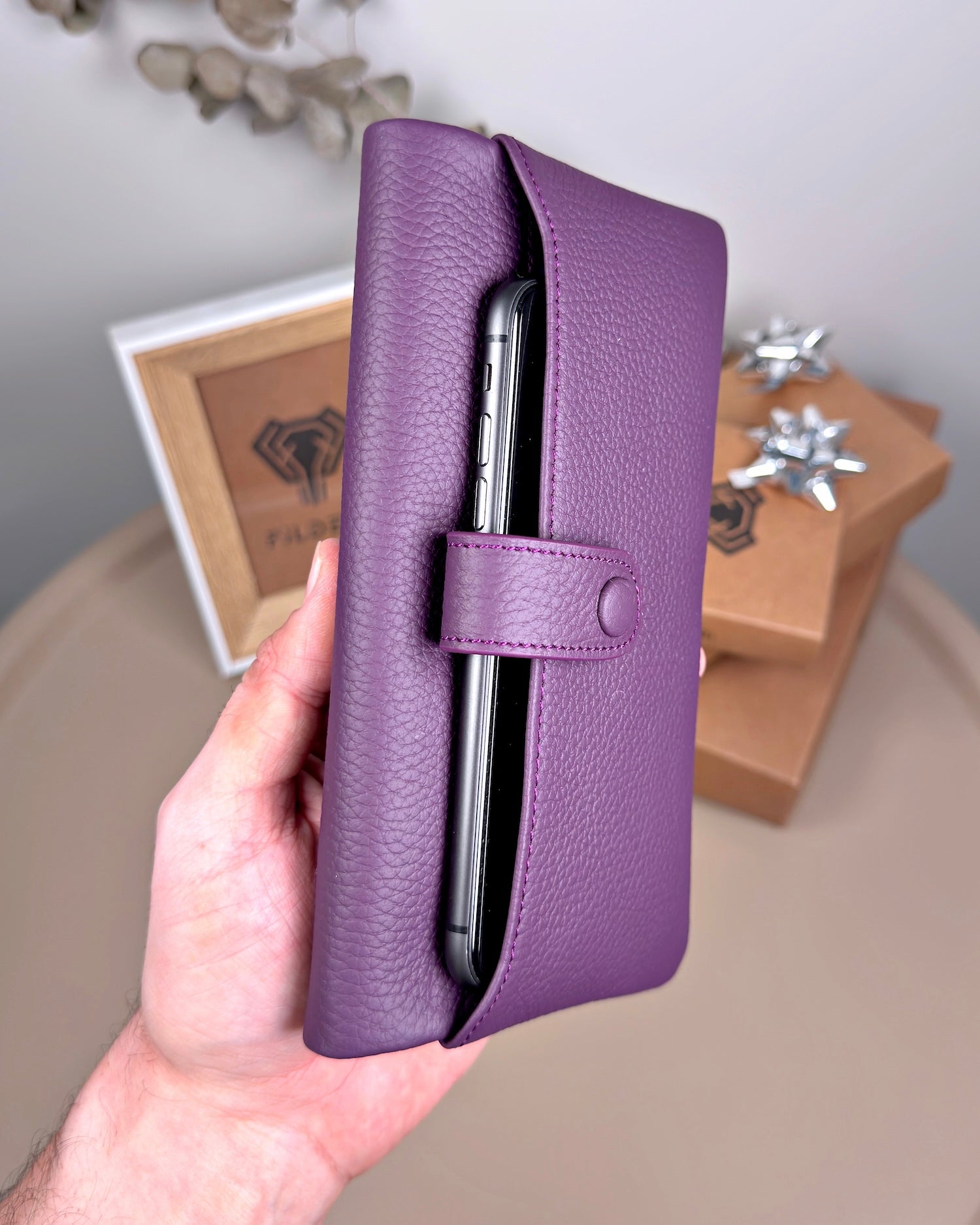 Telefon Bölmeli Cüzdan – Hakiki Deri, Kartlıklı, Mor | 2134