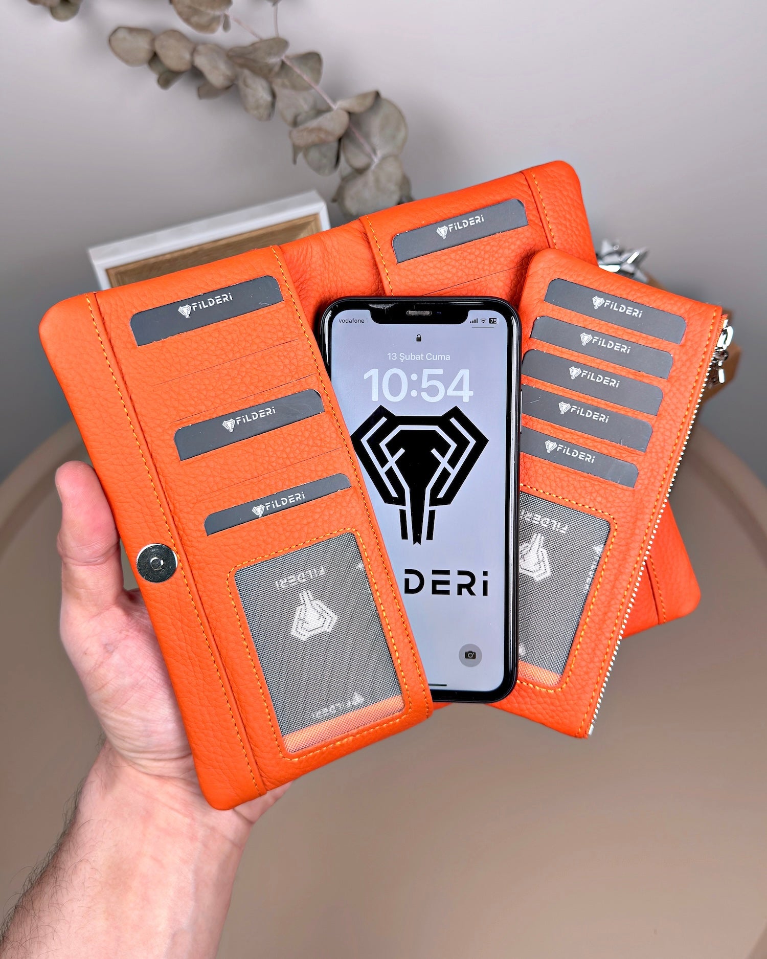 Telefon Bölmeli Cüzdan – Hakiki Deri, Kartlıklı, Turuncu | 2134