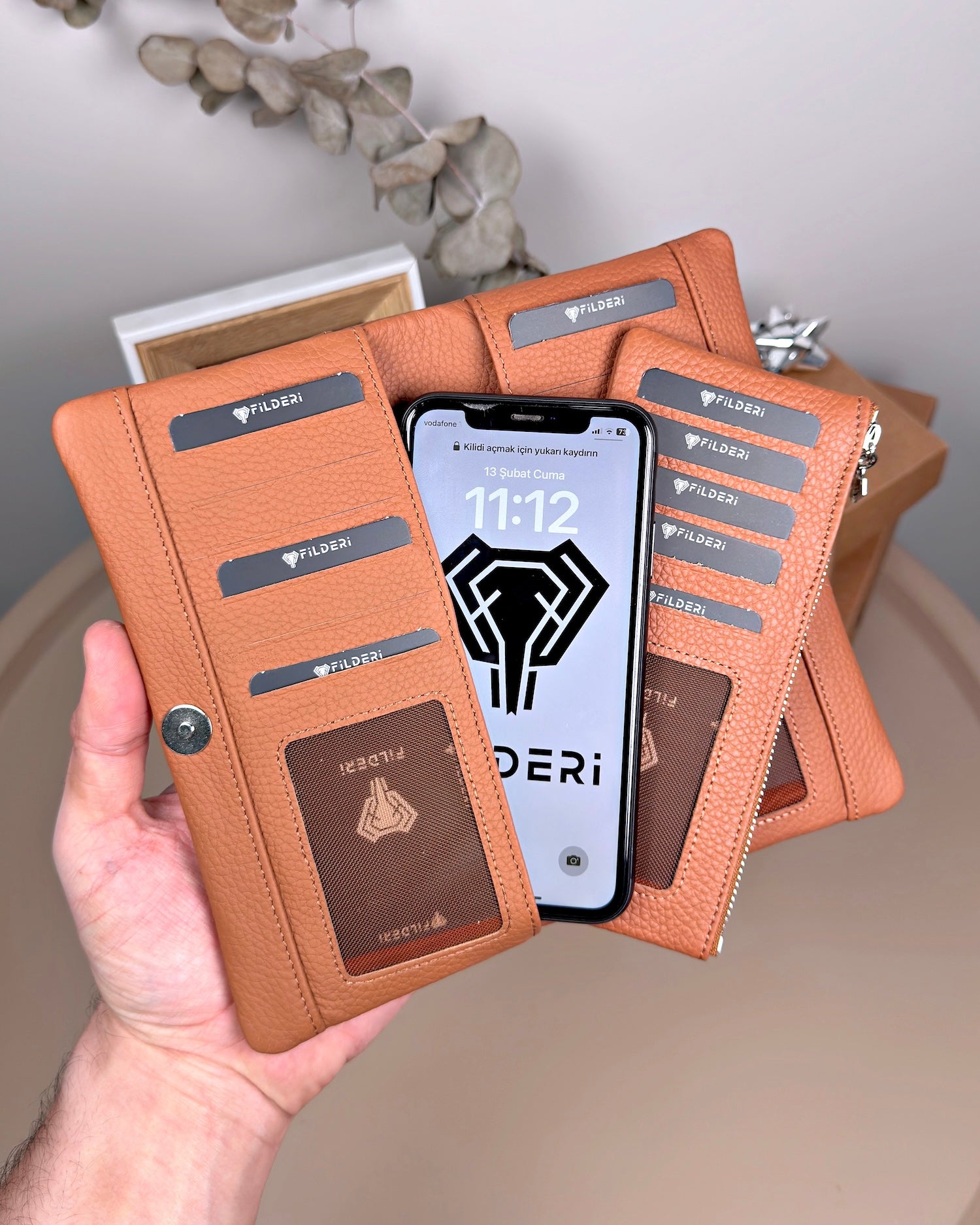 Telefon Bölmeli Cüzdan – Hakiki Deri, Kartlıklı, Taba | 2134
