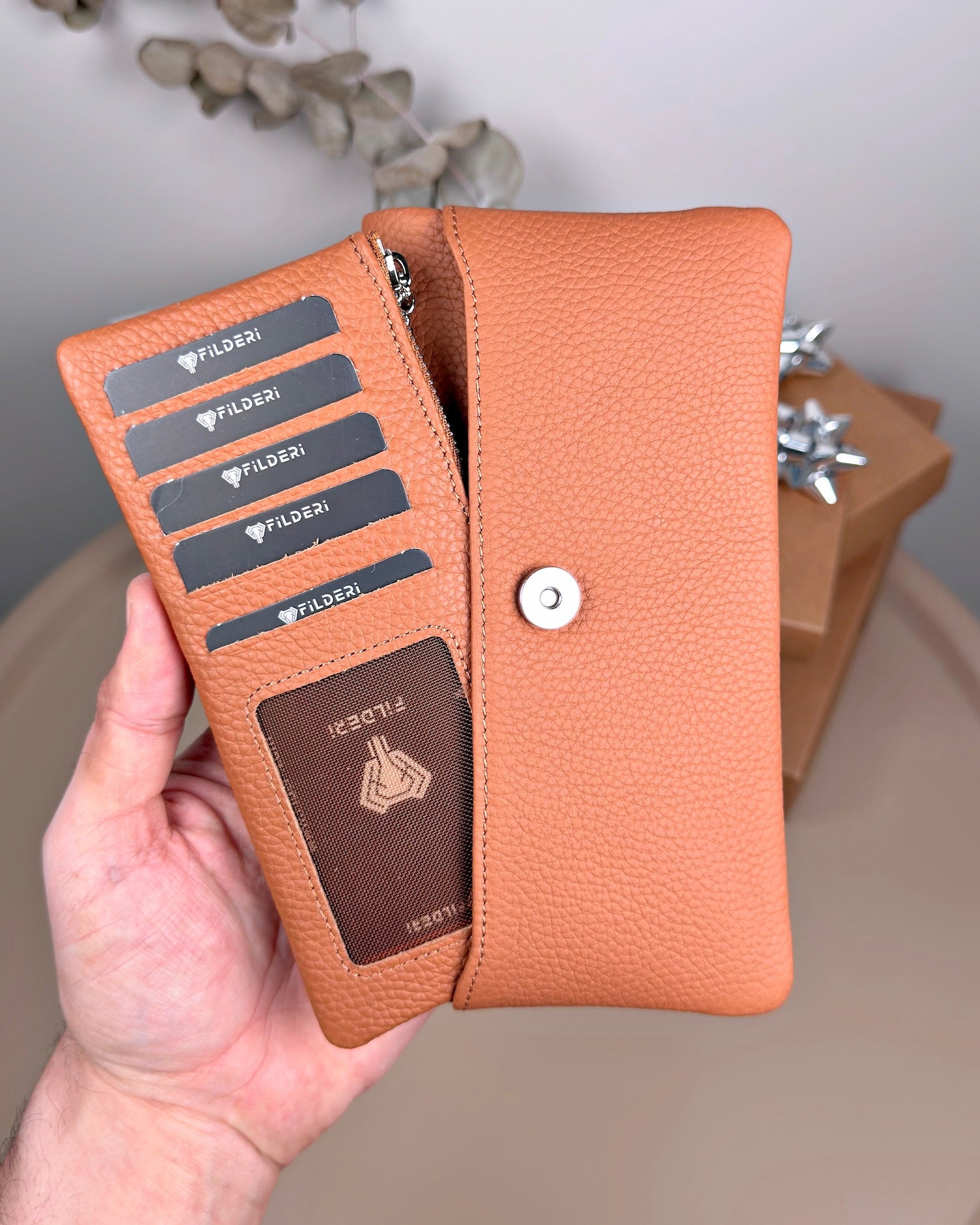 Telefon Bölmeli Cüzdan – Hakiki Deri, Kartlıklı, Taba | 2134