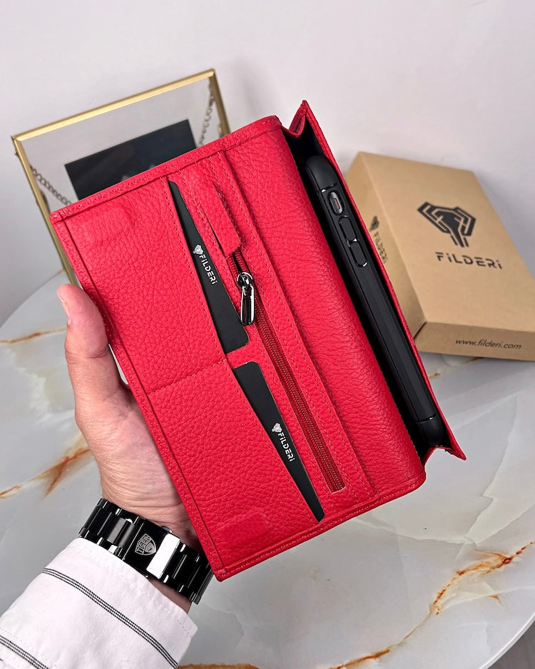 Telefon Bölmeli Kadın Cüzdan – Kırmızı Renk, Mıknatıslı Hakiki Deri | 2047