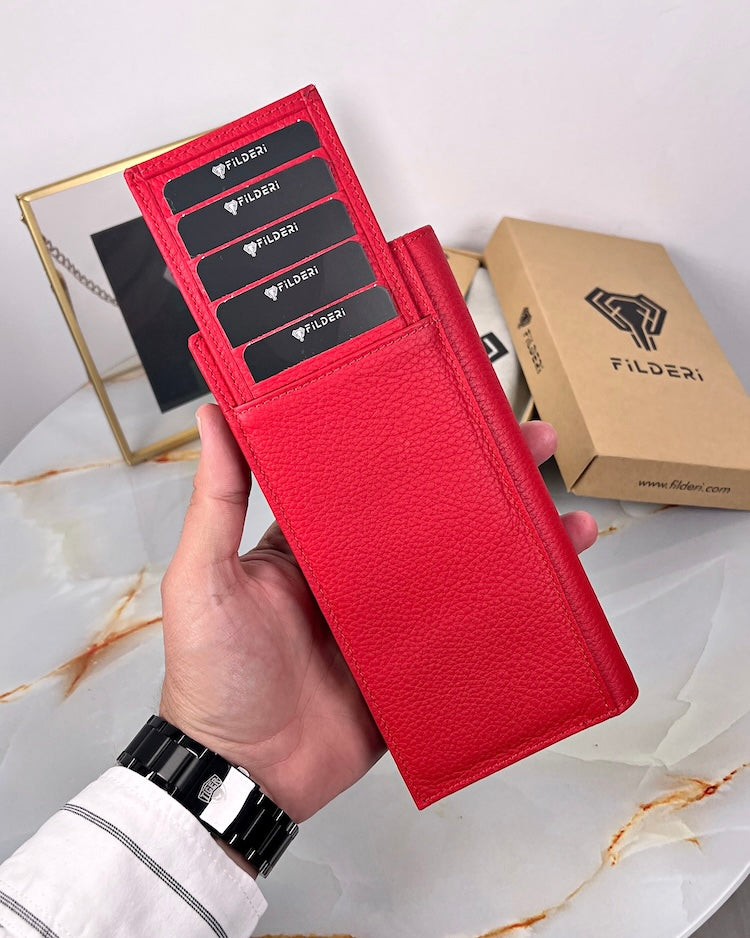 Telefon Bölmeli Kadın Cüzdan – Kırmızı Renk, Mıknatıslı Hakiki Deri | 2047