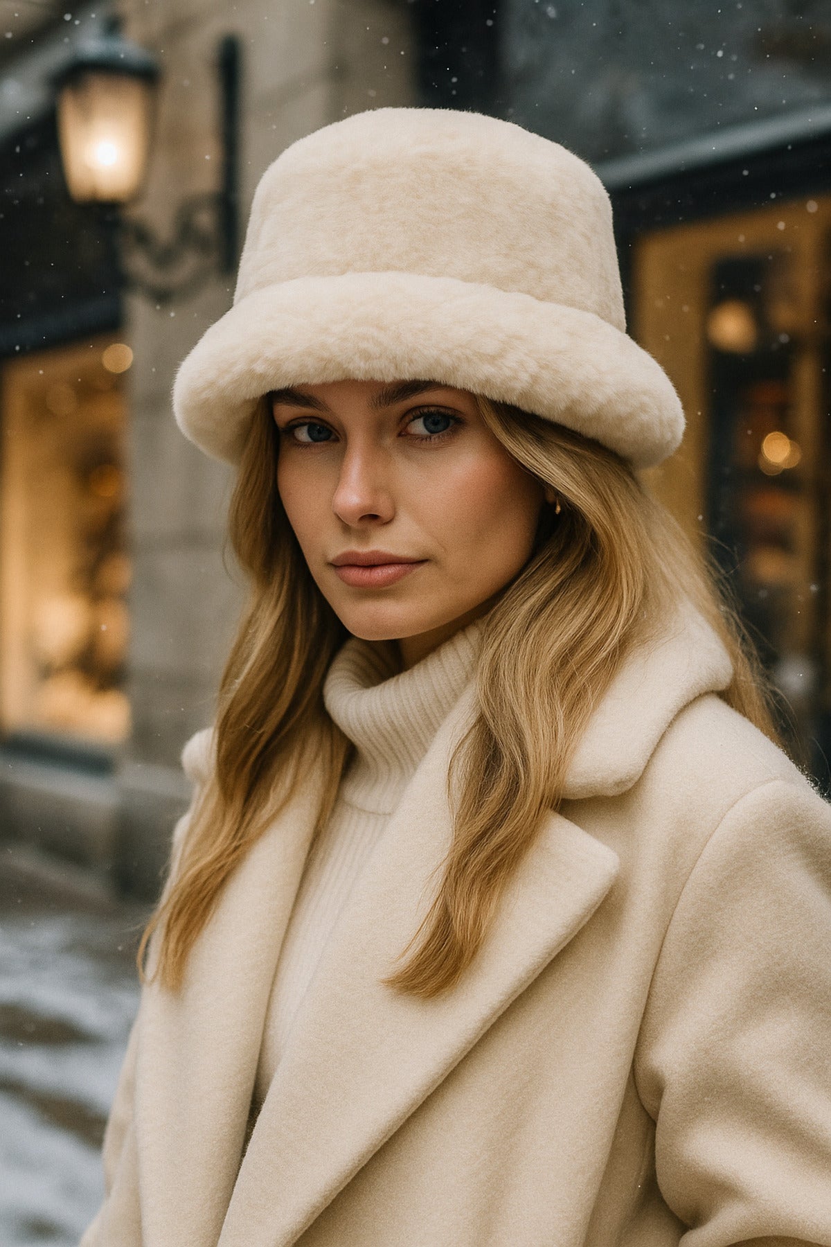 İthal Bej Tüylü Bucket Şapka - Premium Trend Kış Şapkası - Canlı Bej Renkli Aksesuar Spk1102-1