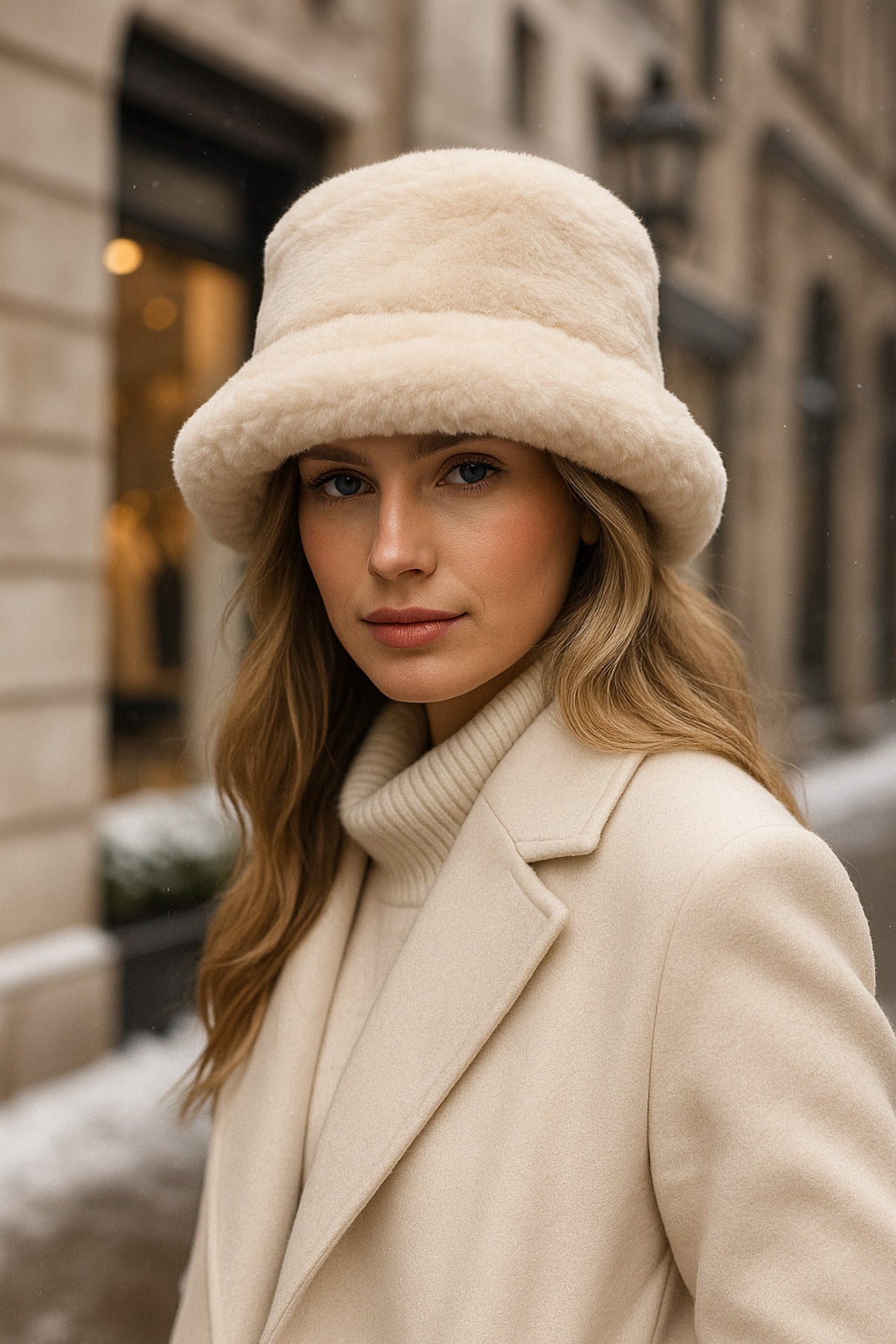 İthal Bej Tüylü Bucket Şapka - Premium Trend Kış Şapkası - Canlı Bej Renkli Aksesuar Spk1102-1