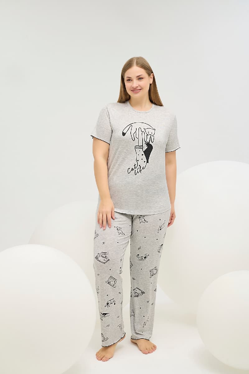 16543 Kadın Baskılı Büyük Beden Pijama Takım