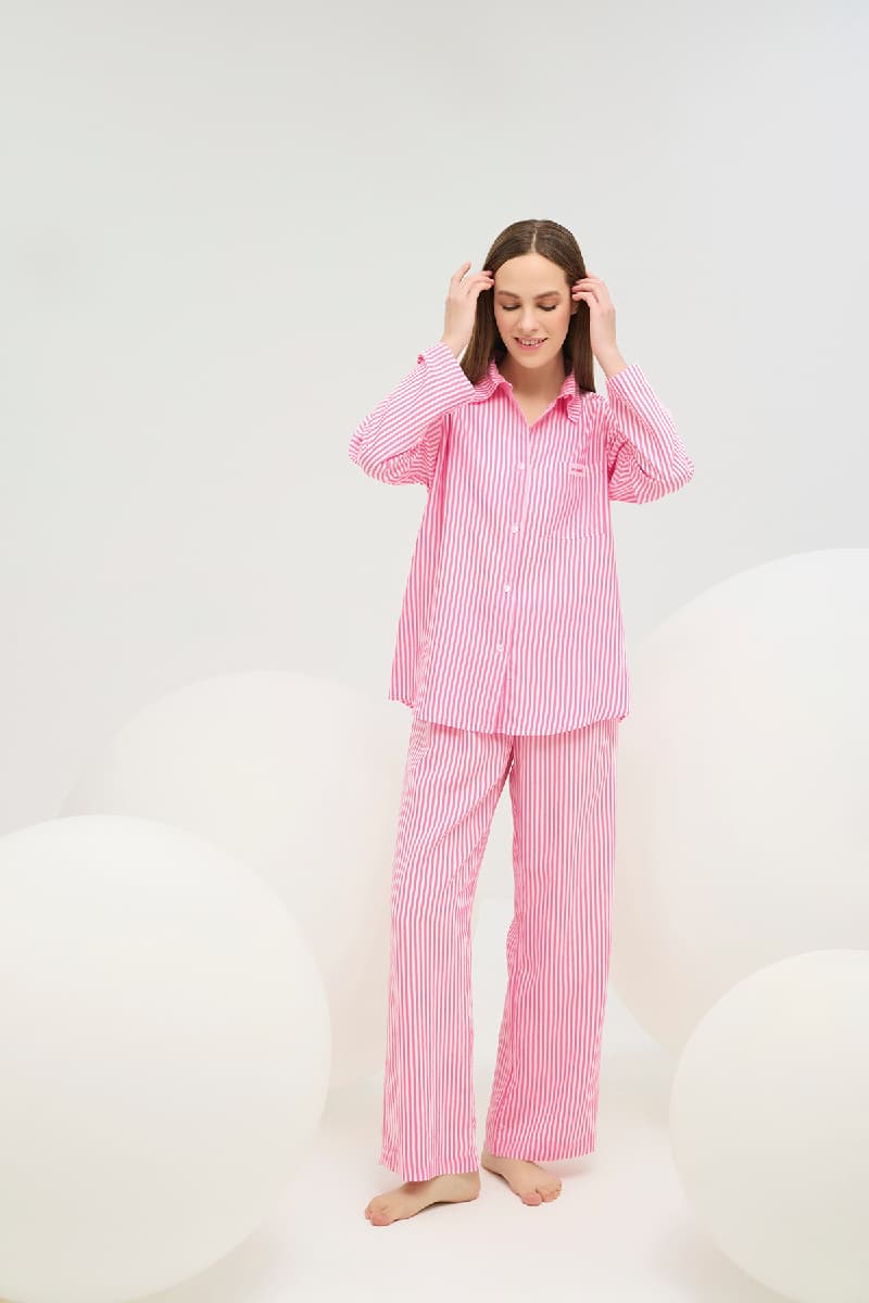 16727 Kadın Düğmeli Gömlek Yaka Pijama Takım