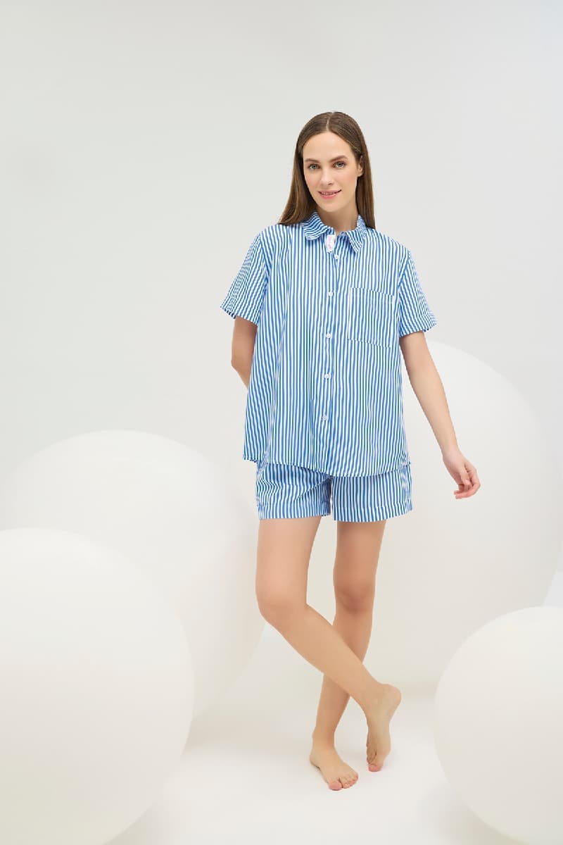 16731 Kadın Düğmeli Gömlek Yaka Şort Takım