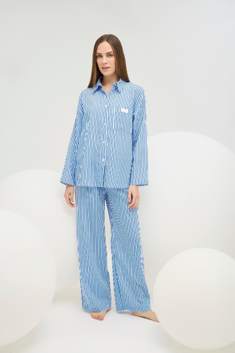 16730 Kadın Düğmeli Gömlek Yaka Pijama Takım