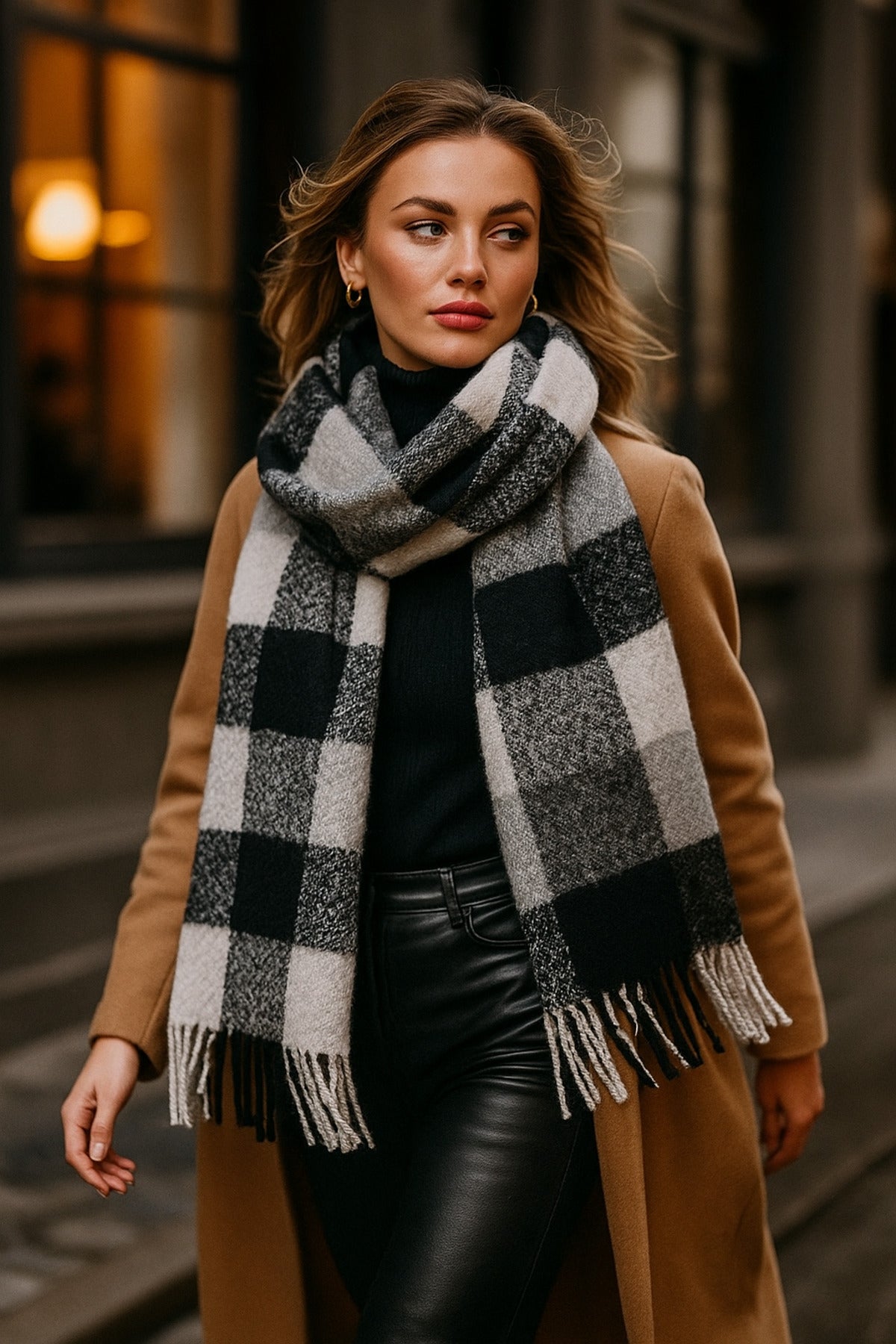 Gri Siyah Beyaz Kareli Desenli Püsküllü Şal - Atkı Modelleri Sal1283