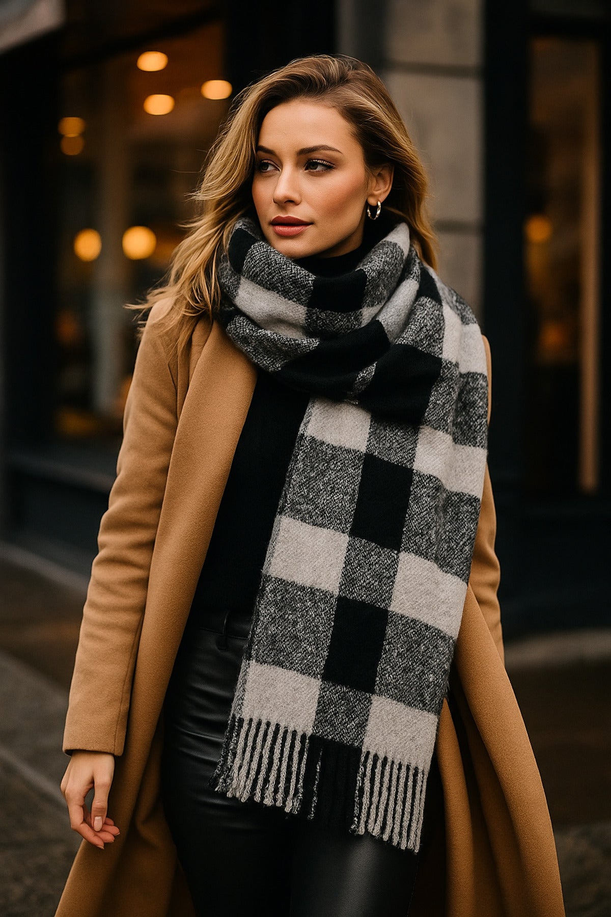 Gri Siyah Beyaz Kareli Desenli Püsküllü Şal - Atkı Modelleri Sal1283