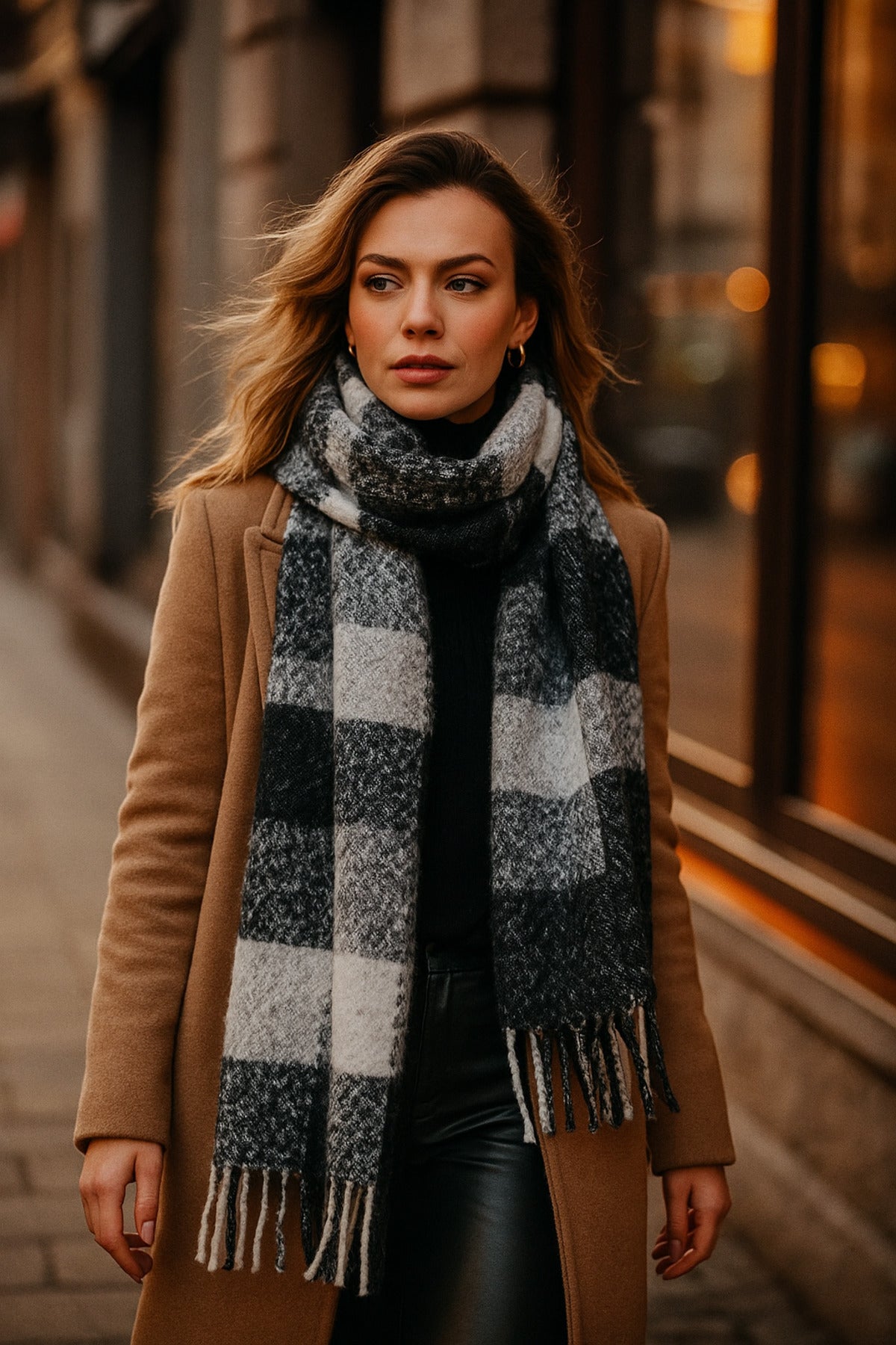 Gri Siyah Beyaz Kareli Desenli Püsküllü Şal - Atkı Modelleri Sal1283