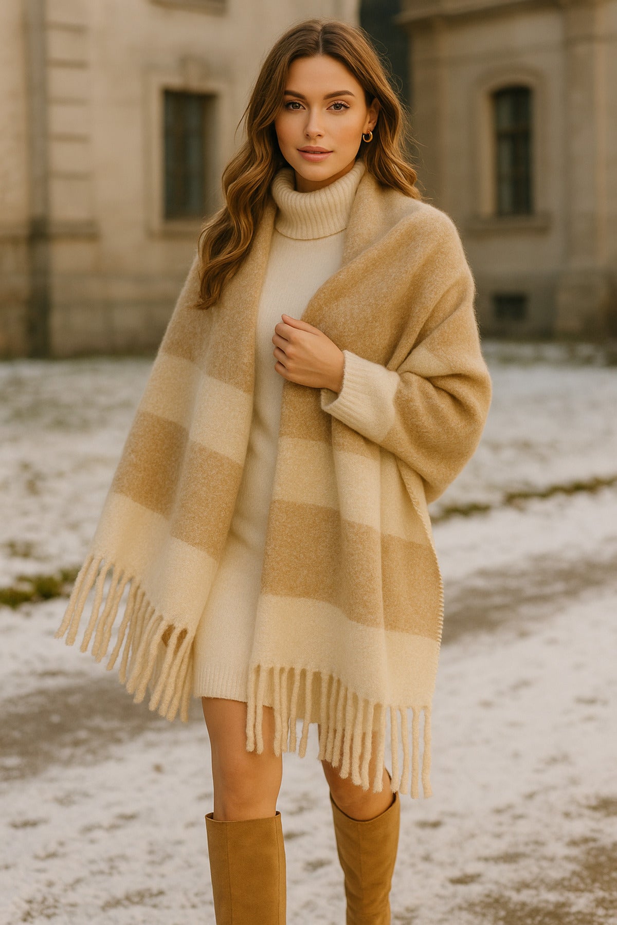 Kadın Bej Püsküllü Buklet Atkı - Şal 45x200 Cm Sal1284