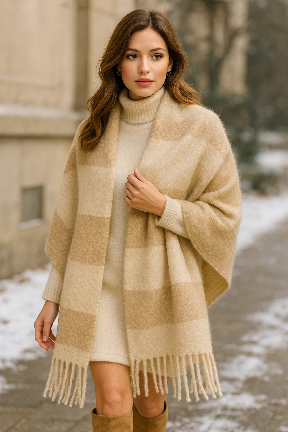 Kadın Bej Püsküllü Buklet Atkı - Şal 45x200 Cm Sal1284