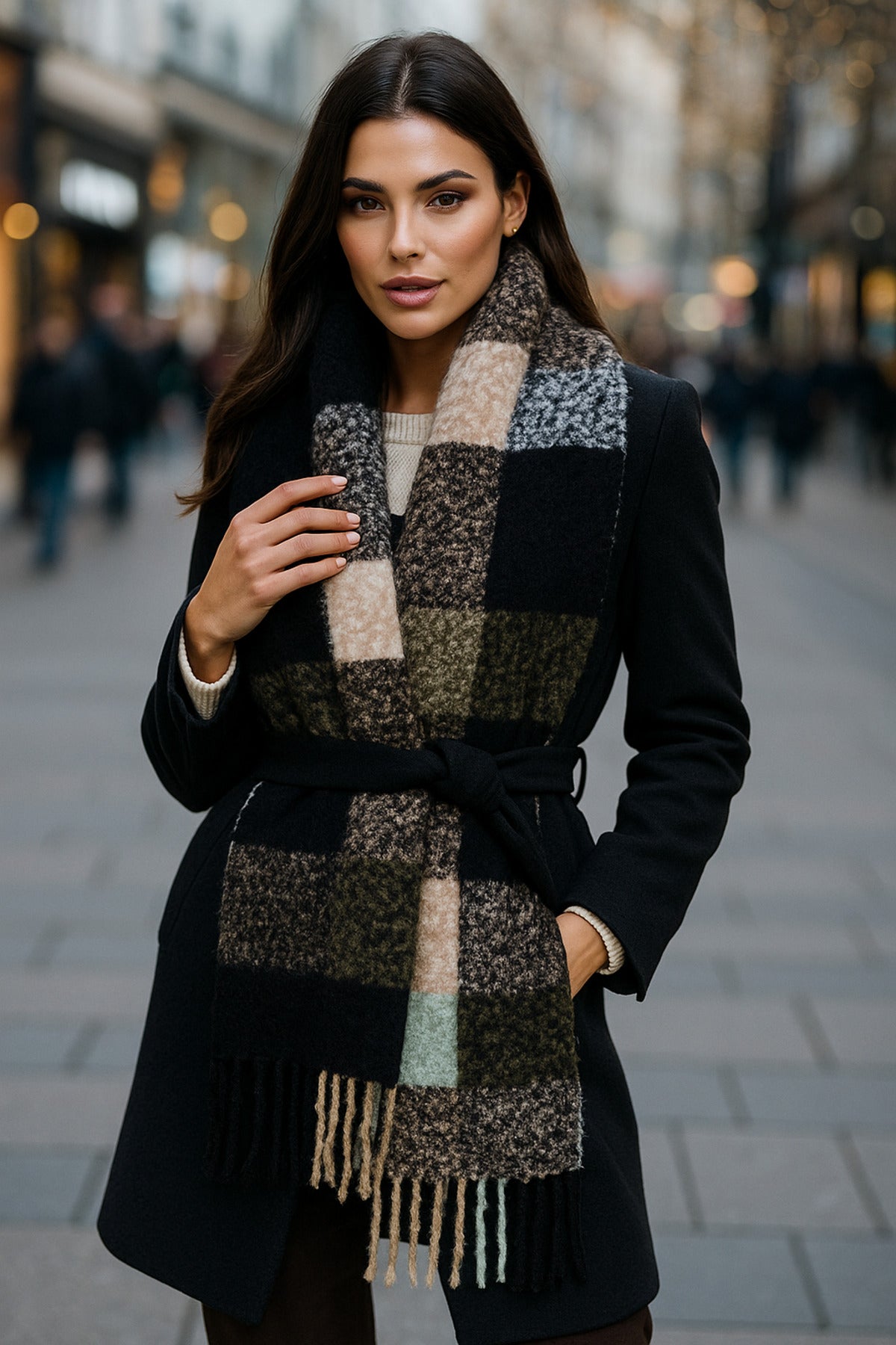 Siyah Kare Desenli Püsküllü Kalın Sıcak Tutan Şık Kışlık Atkı Sal1292