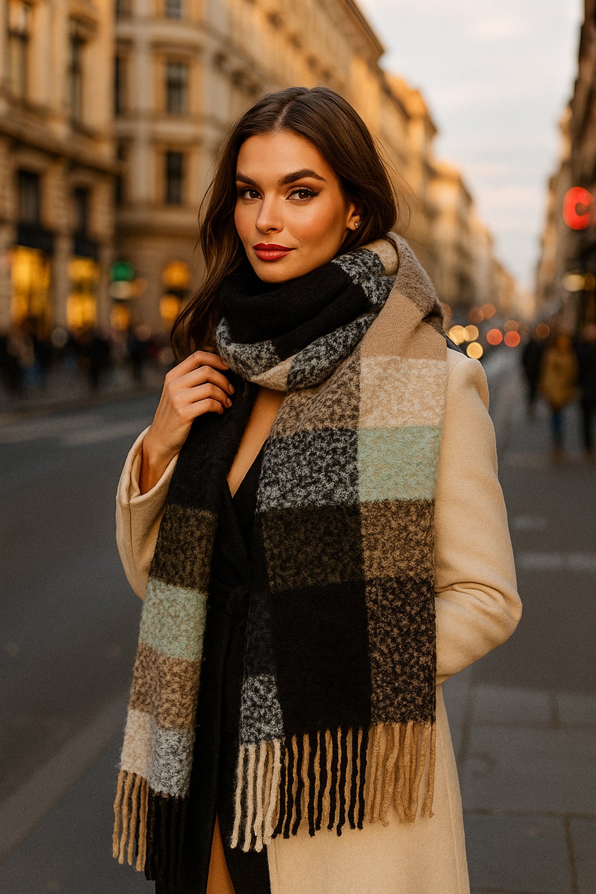 Siyah Kare Desenli Püsküllü Kalın Sıcak Tutan Şık Kışlık Atkı Sal1292