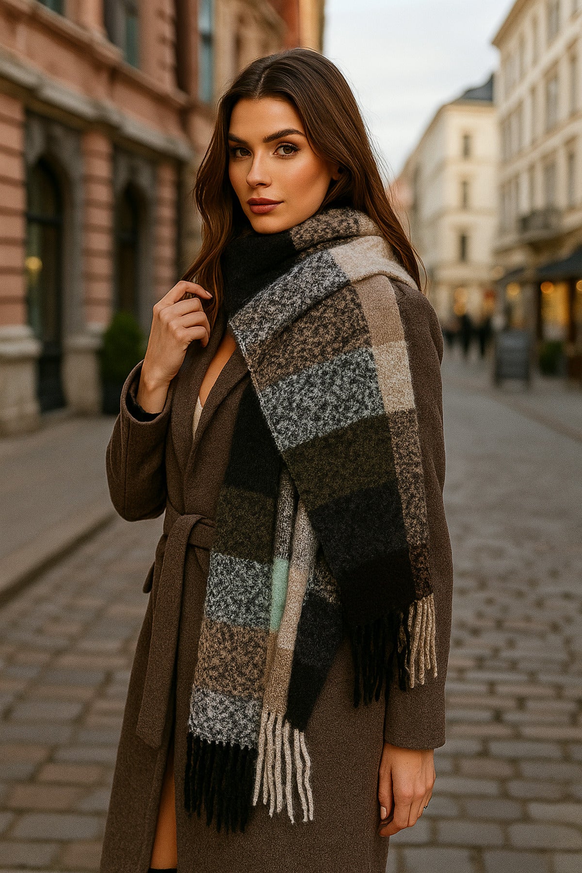 Siyah Kare Desenli Püsküllü Kalın Sıcak Tutan Şık Kışlık Atkı Sal1292