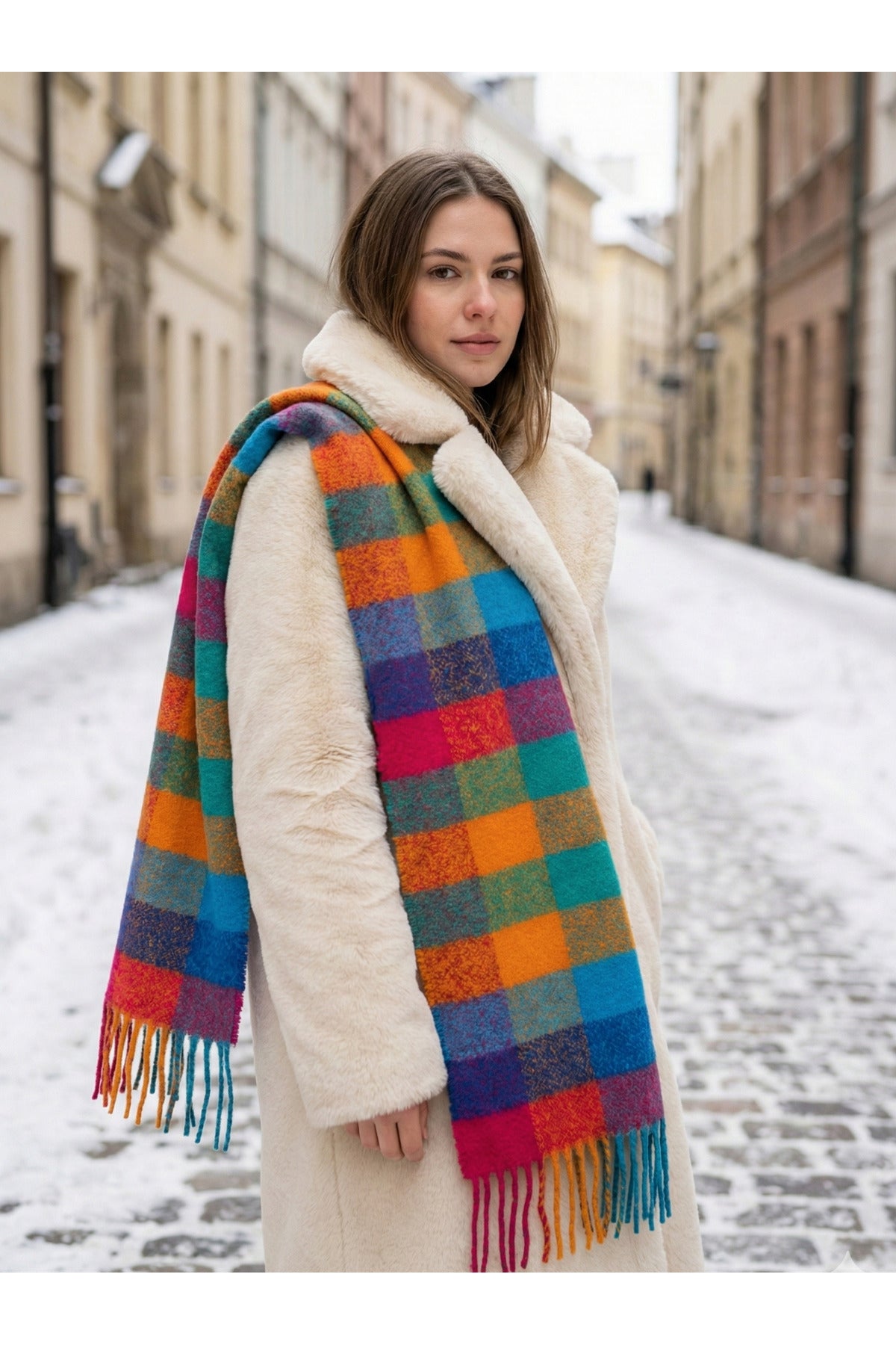 Turuncu Kare Desenli Püsküllü Kalın Sıcak Tutan Şık Kışlık Atkı Sal1292
