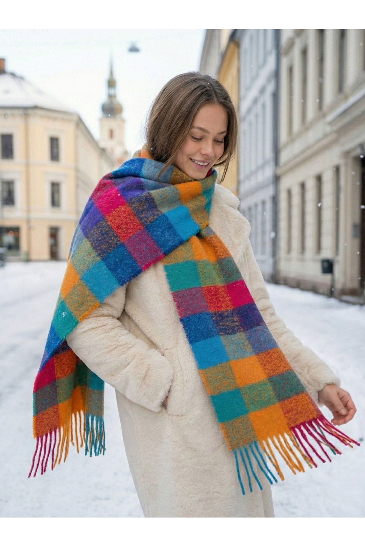 Turuncu Kare Desenli Püsküllü Kalın Sıcak Tutan Şık Kışlık Atkı Sal1292