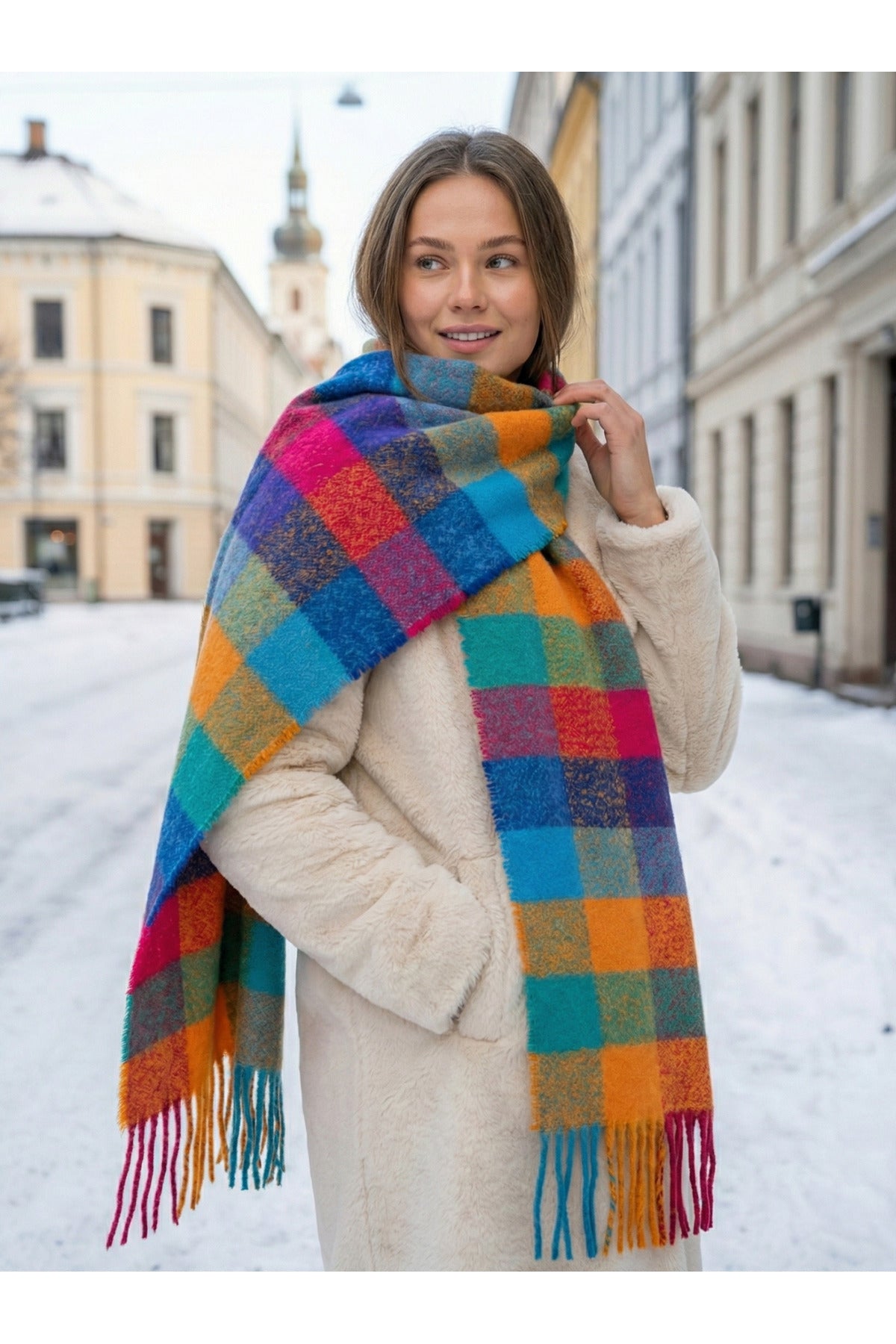 Turuncu Kare Desenli Püsküllü Kalın Sıcak Tutan Şık Kışlık Atkı Sal1292
