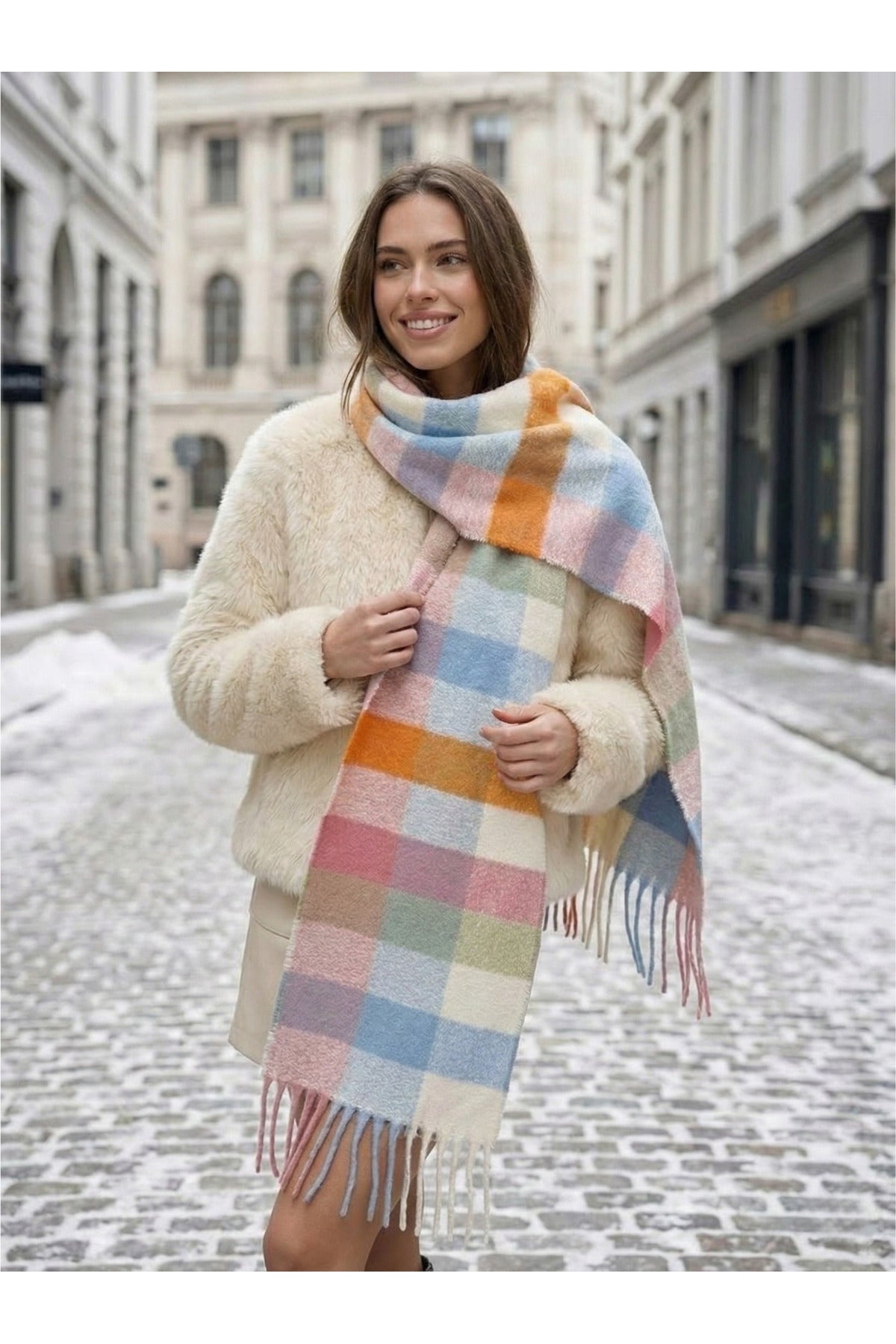 Pembe Kare Desenli Püsküllü Kalın Sıcak Tutan Şık Kışlık Atkı Sal1292
